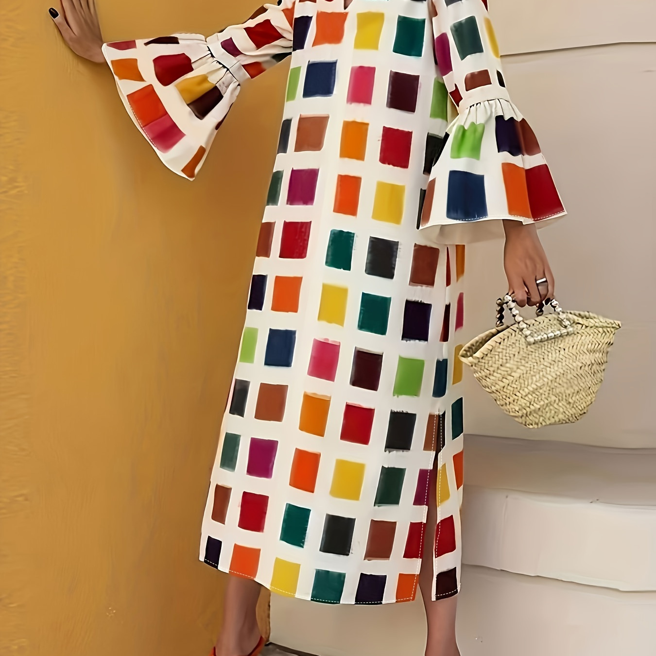 

Colorful Plaid Print Dress, Vintage Split Flared Sleeve Midi Dress, Women's Clothing