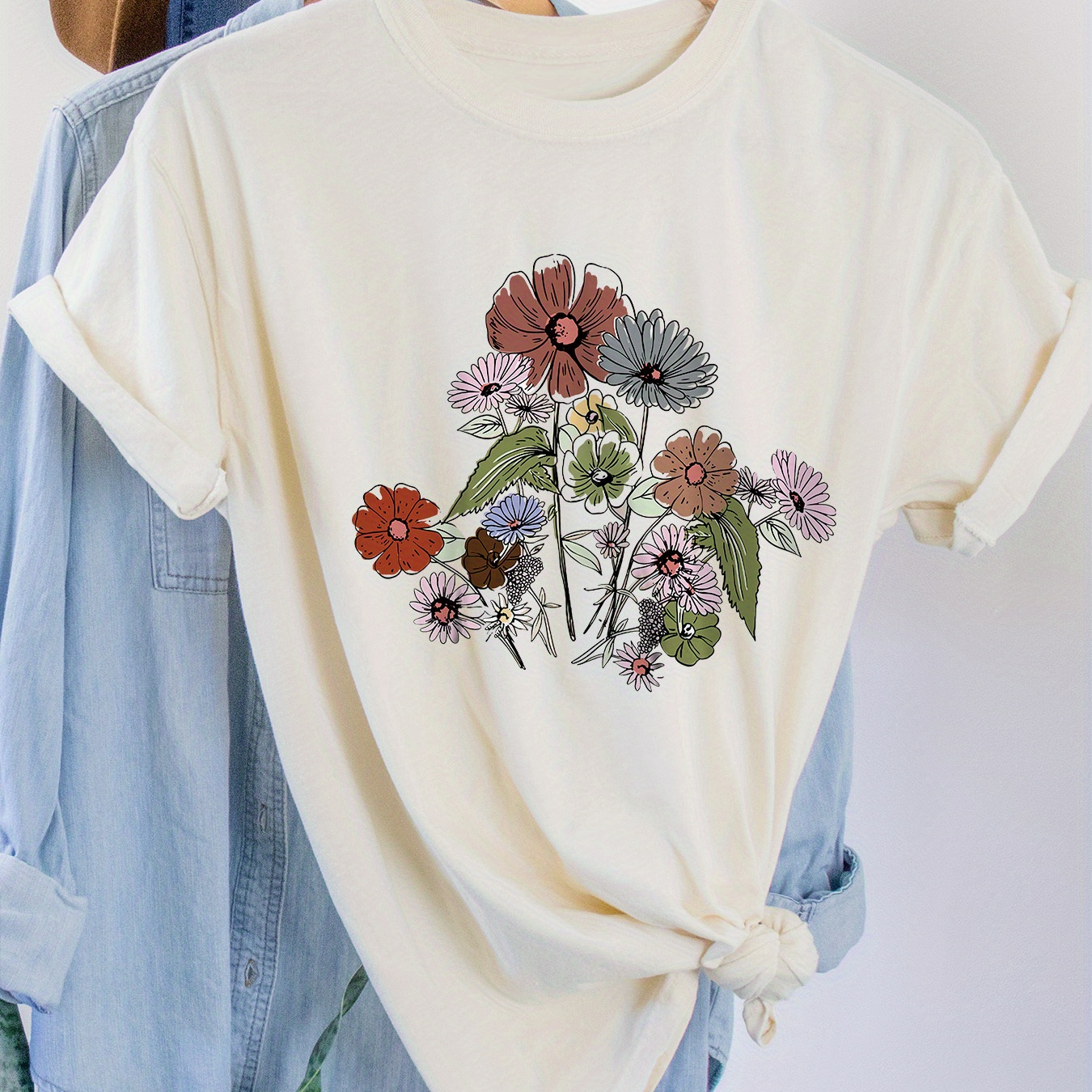 

Floral Print T-shirt, Short Sleeve Crew Neck Casual Top For Summer & Spring, Women's Clothing