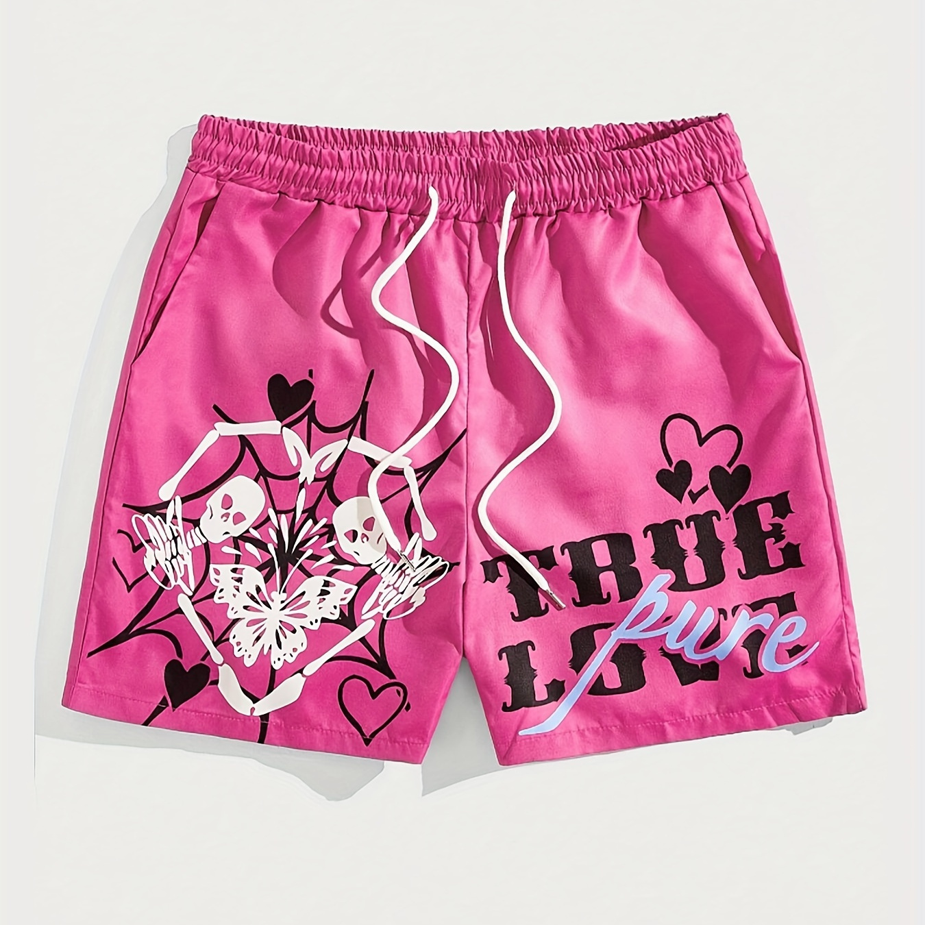 

Men's Cob Web And Skeletons Pattern And Letter Print "pure True Love" Shorts With Drawstring And Pockets, Casual And Stylish Shorts Suitable For Summer Street And Sports Wear