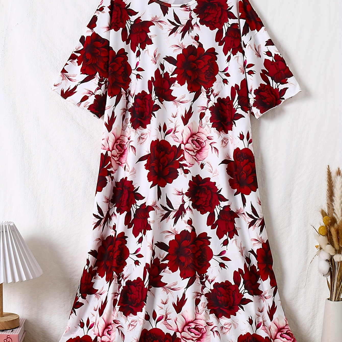 

Women's Casual Floral Print Short Sleeve Crew Neck Nightgown - 100% Polyester Knit Fabric Sleep Dress For All With Ruffle Hem Detail