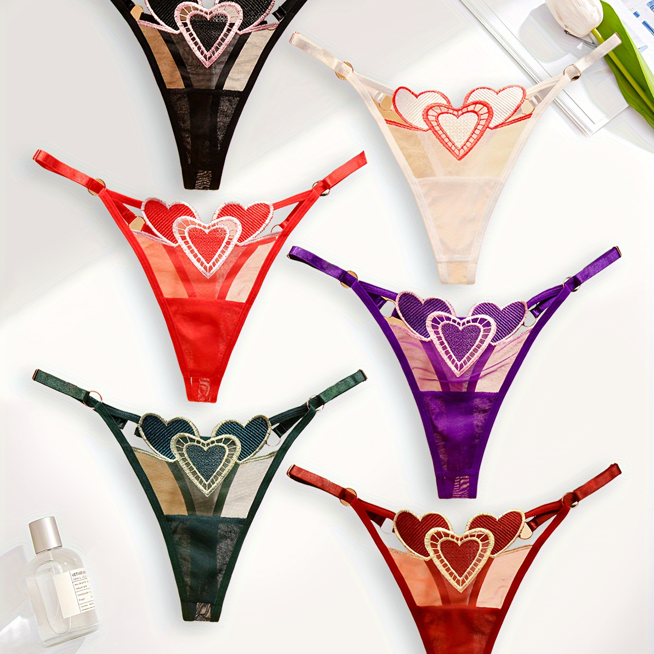 

6-piece Set Of Heart-shaped Sexy Solid Color Low Waisted Thong - Low Waisted Elastic V-shaped Underwear With Metal Decoration - Seamless Breathable Underwear Set