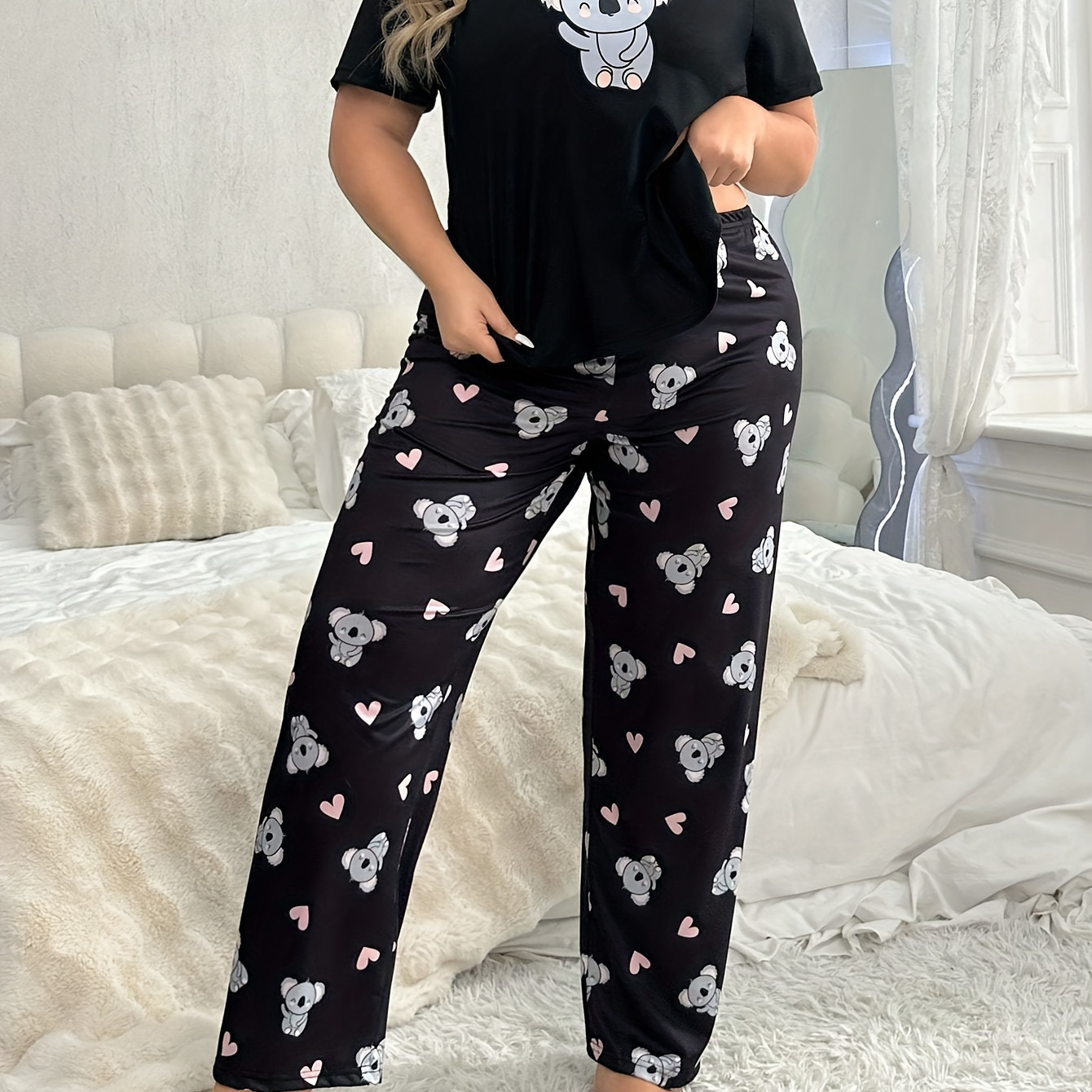 

Plus Size Koala Print Pajama Set For Women, Casual Crew Neck Knit Fabric Sleepwear, Polyester And Spandex , Comfortable With Stretch, Cartoon Pattern Loungewear For All