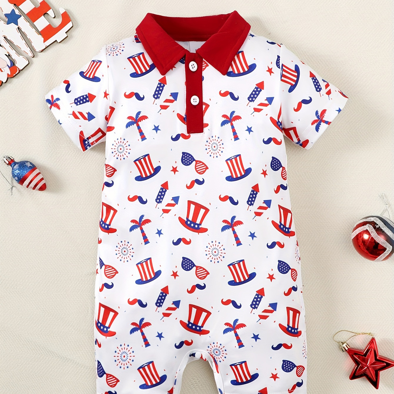 

Baby Boys Girls Independence Day Themed Pattern Bodysuit, Casual Short Sleeve Onesie, Toddlers Clothing