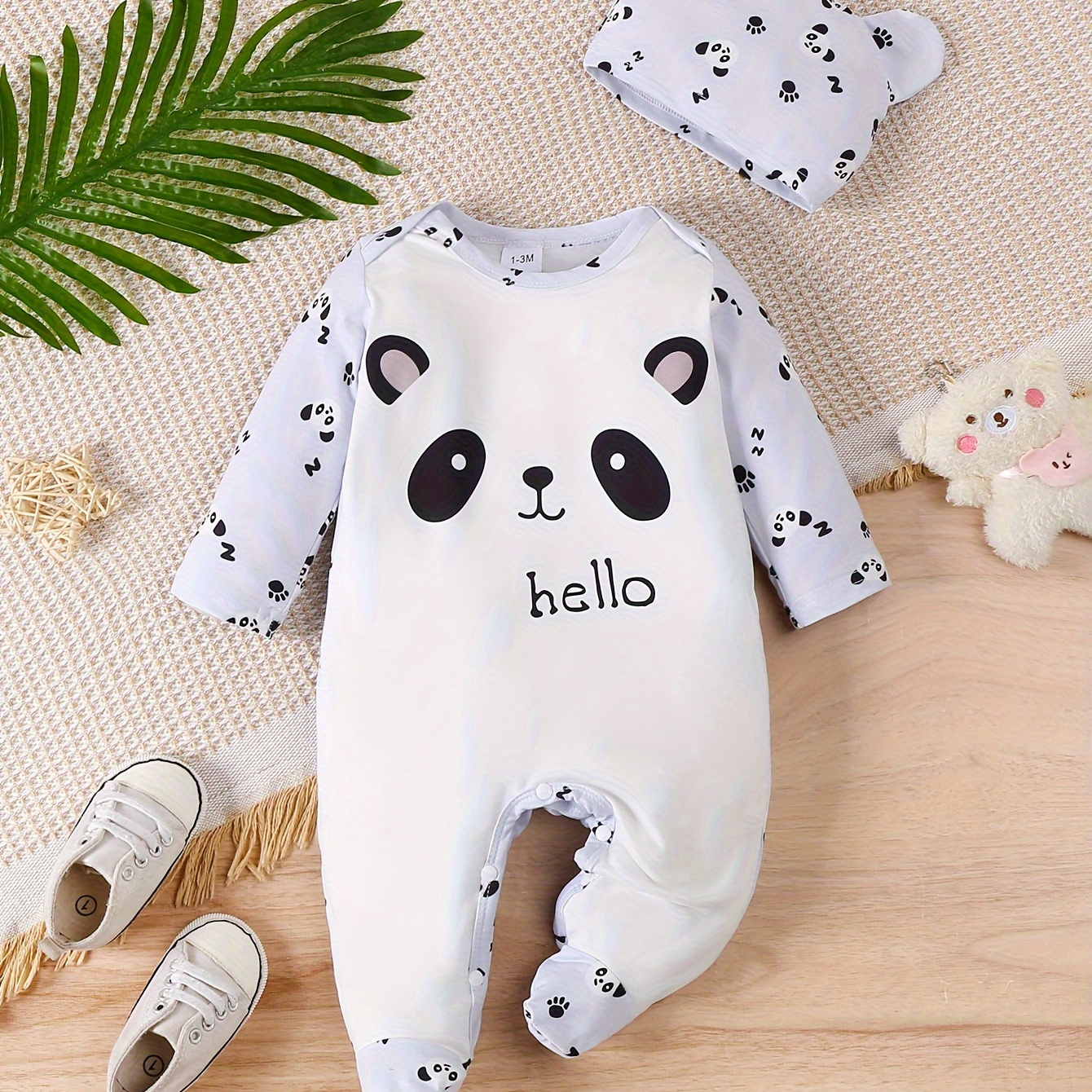 

Newborn Baby's Panda Print Bodysuit & Bear Ear Hat, Comfy Long Sleeve Romper, Toddler & Infant Girl's Onesie