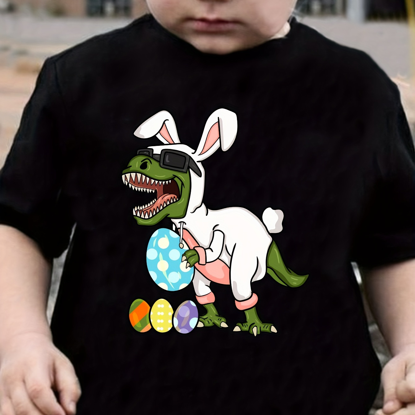 

Boys Easter Day Dino Print Cute T-shirt, Kids Short Sleeve Comfy Casual Summer Tee Top