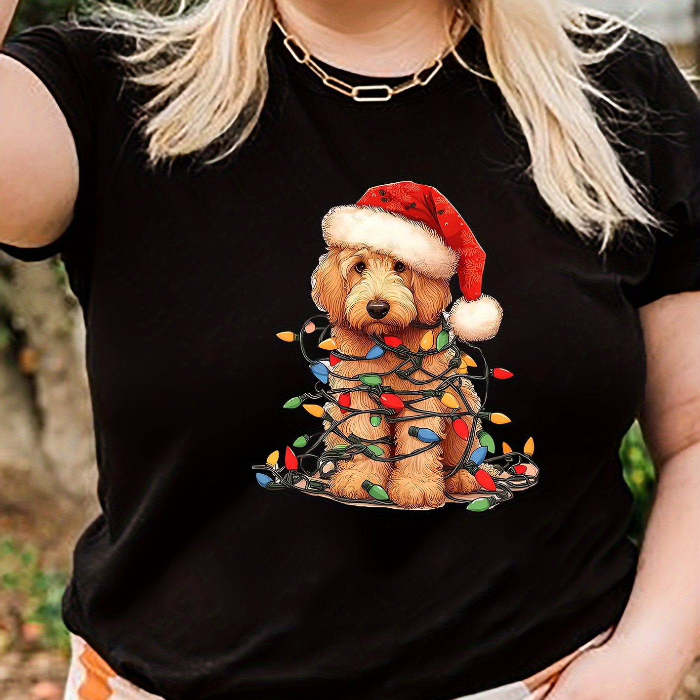 

Plus Size Women's Casual Summer T-shirt With Christmas Dog Print, Round Neck, Short Sleeves, Fashion Comfort Fit Top