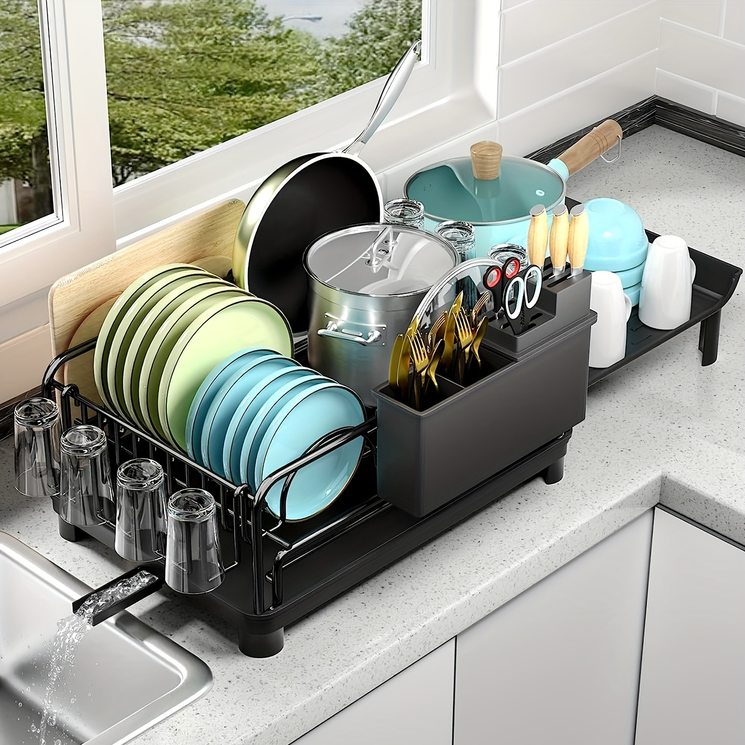 1Easylife Dish Drying Rack with Anti Rust Frame, Small Dish Drainer Rack  for Kitchen Counter, Sink Dish Rack on Counter with Utensil Holder and  Non-Slip Rubber Feet Rustproof for Organize Storage