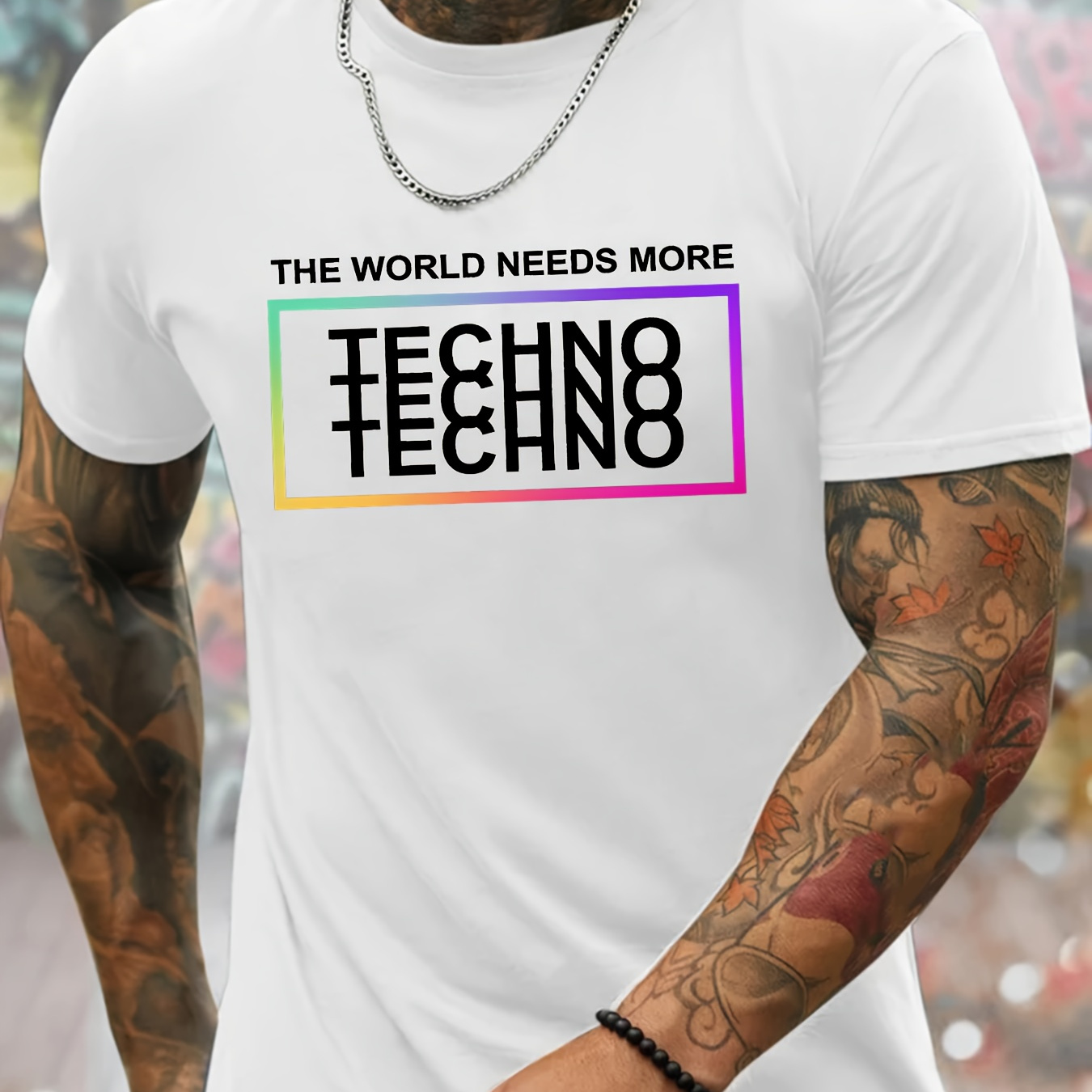 

Techno Letter Print Men's Crew Neck Short Sleeve Tees, Casual T-shirt, Summer Trendy Comfortable Lightweight Top For Everyday Wear