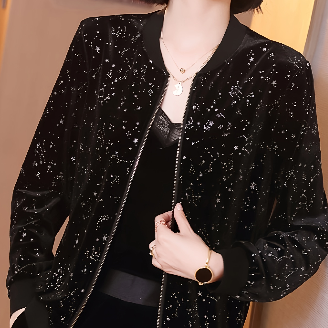 

[comfortable Wear] Women's Lightweight Chiffon Jacket - Casual Korean Style, Long Sleeve With Starry Night Print, Zip-up, Breathable Polyester, All