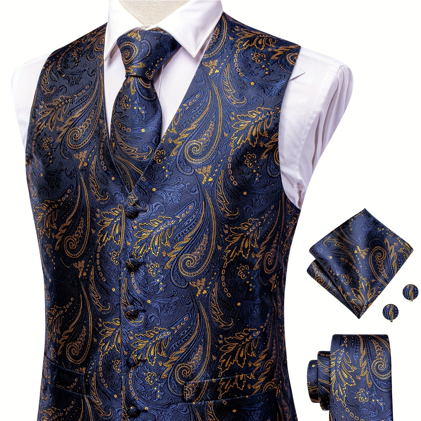 

Men's Vintage Elegant Paisley Fit Sleeveless Vest Set, Formal Suit Waistcoat & Tie & Cufflinks & Hanky For Wedding Party Business Best Sellers