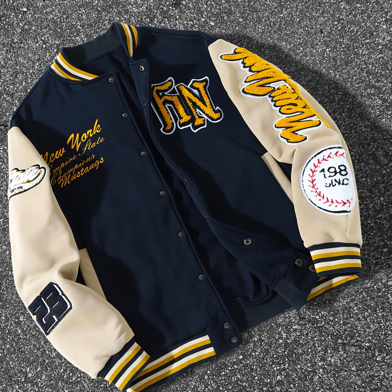 

Men's Casual Letter Embroidery Baseball Jacket, Chic Jacket, Ny School Style, Fleece