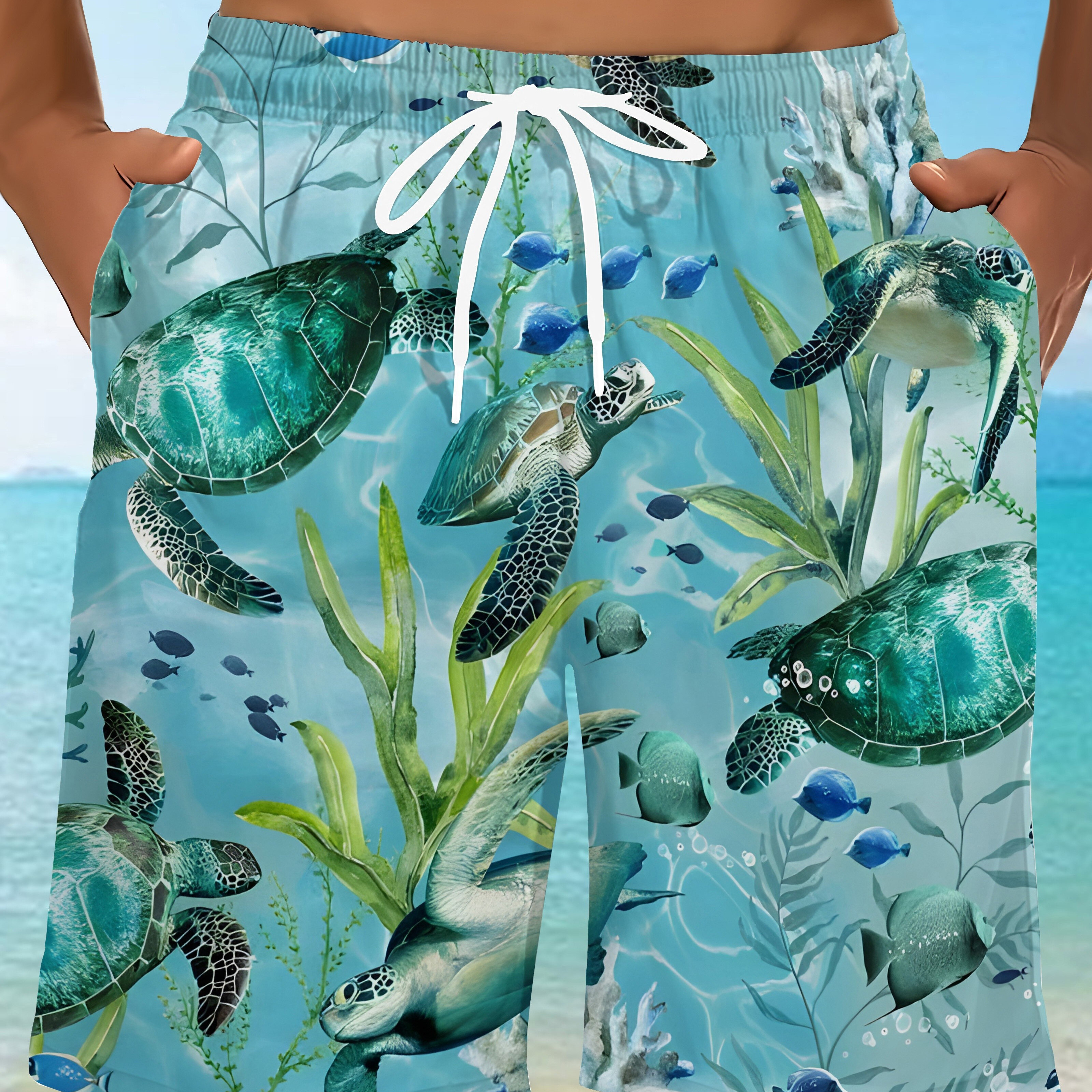 

Men's Trendy Sea Turtle And Seagrass Pattern Print Active Shorts, Drawstring Beach Shorts For Summer Beach Resort, Hawaiian Shorts