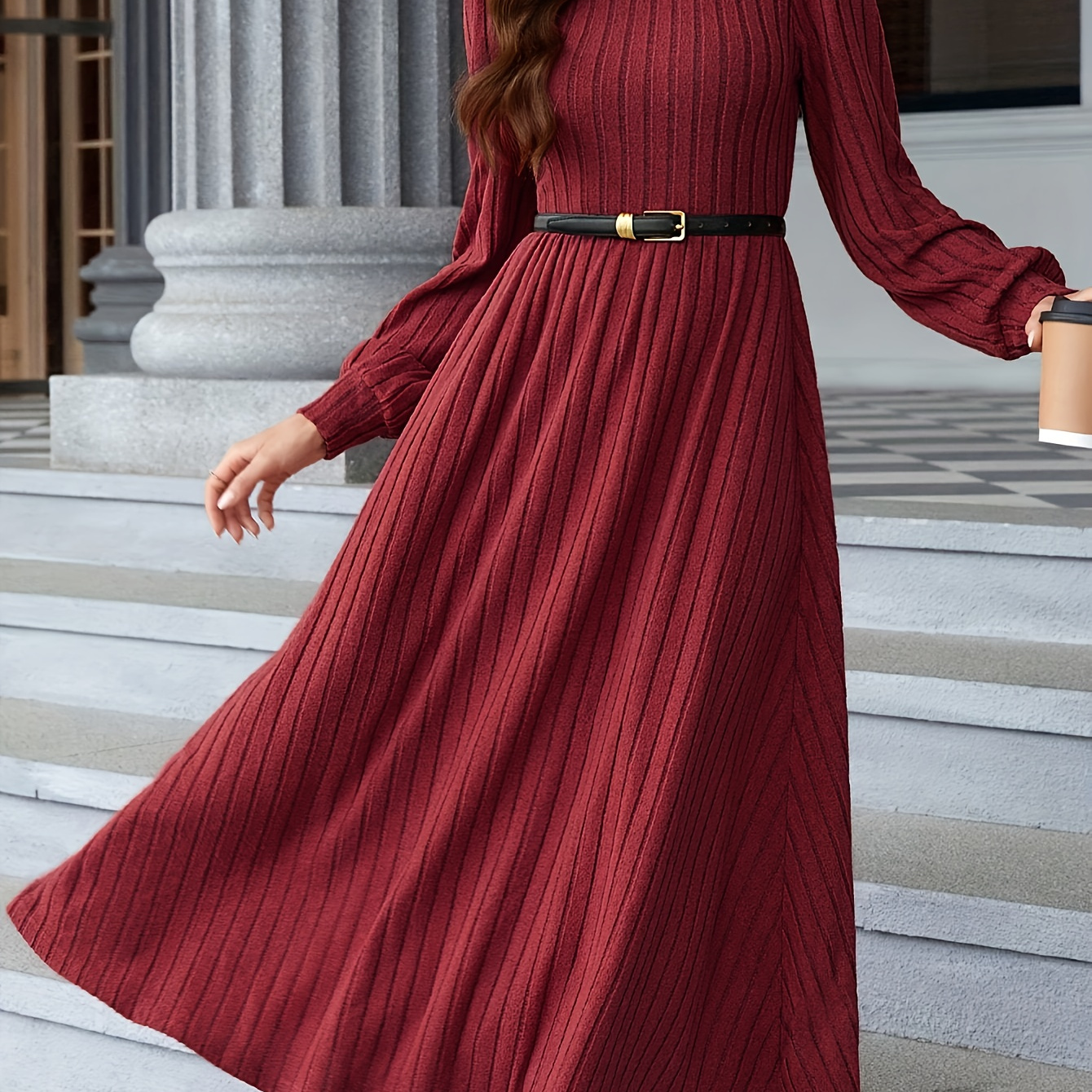 

Elegant Women's Ribbed Dress With Lantern Sleeves - Crew Neck, A-line, Machine Washable - Fall/winter