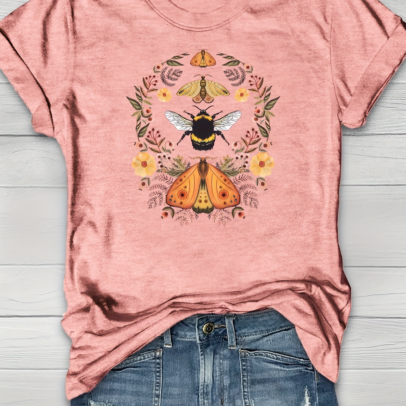 

Bee Neck T-shirt, Short Sleeve Casual Top For Summer & Spring, Women's Clothing