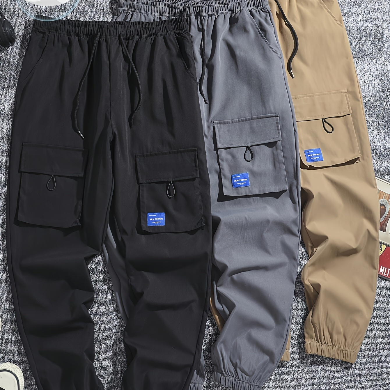 

3pcs Pantalons Cargo Décontractés pour Hommes - Polyester , Design Multi-Poches, Lavable en Machine - pour Toutes les