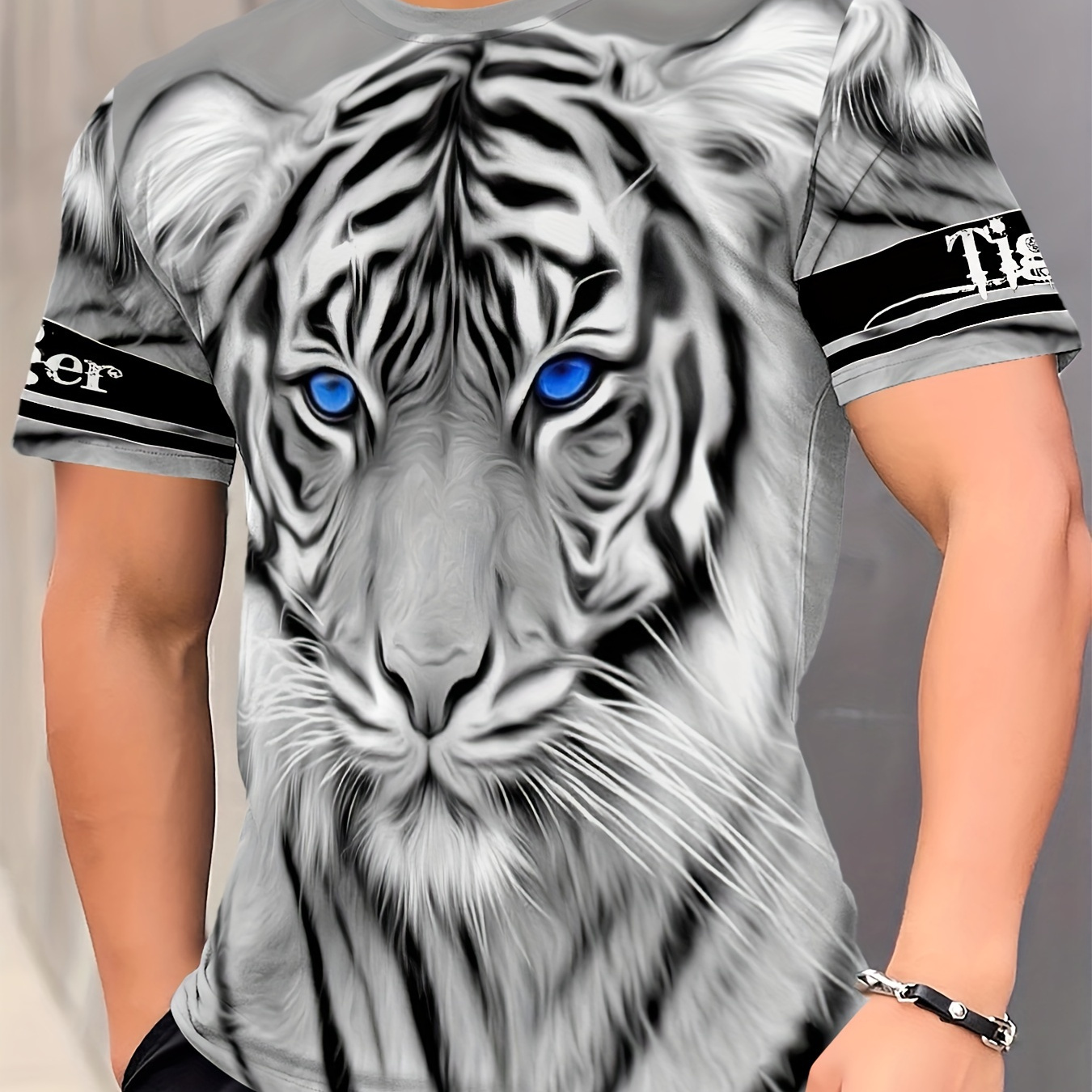 

Men's Tiger Print T-shirt, Casual Short Sleeve Crew Neck Tee, Men's Clothing For Outdoor