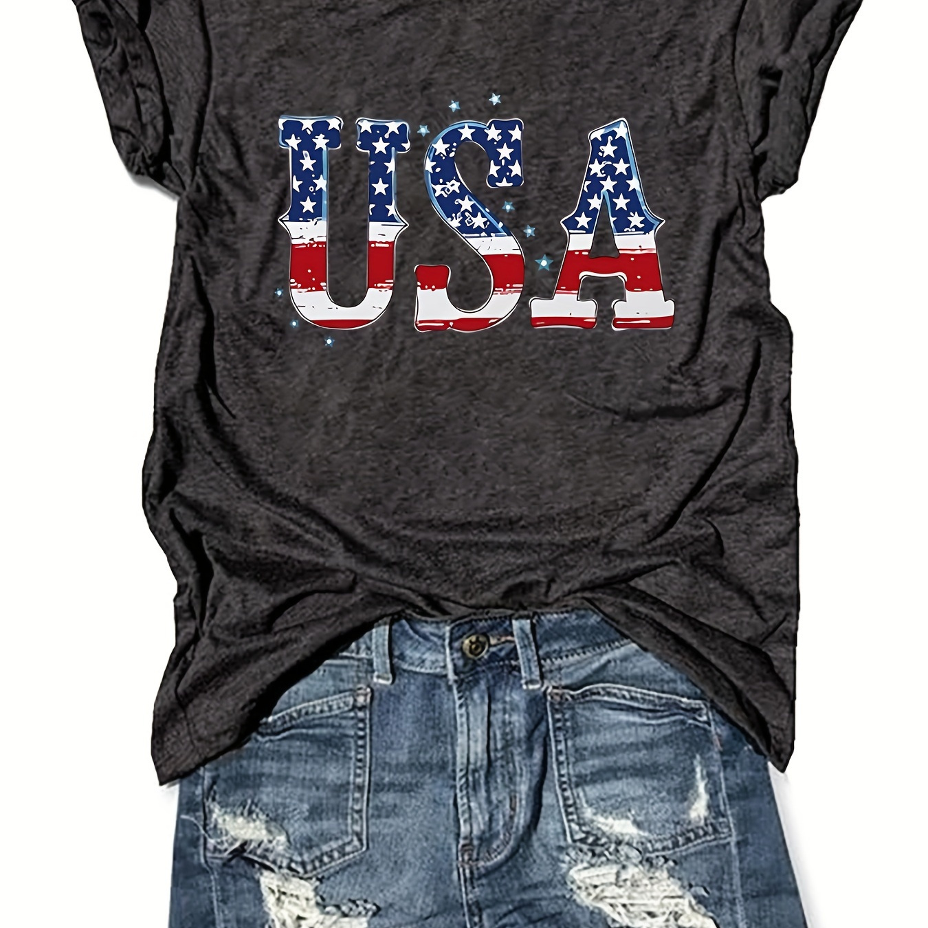 

Usa Print T-shirt, Short Sleeve Crew Neck Casual Top For Summer & Spring, Women's Clothing