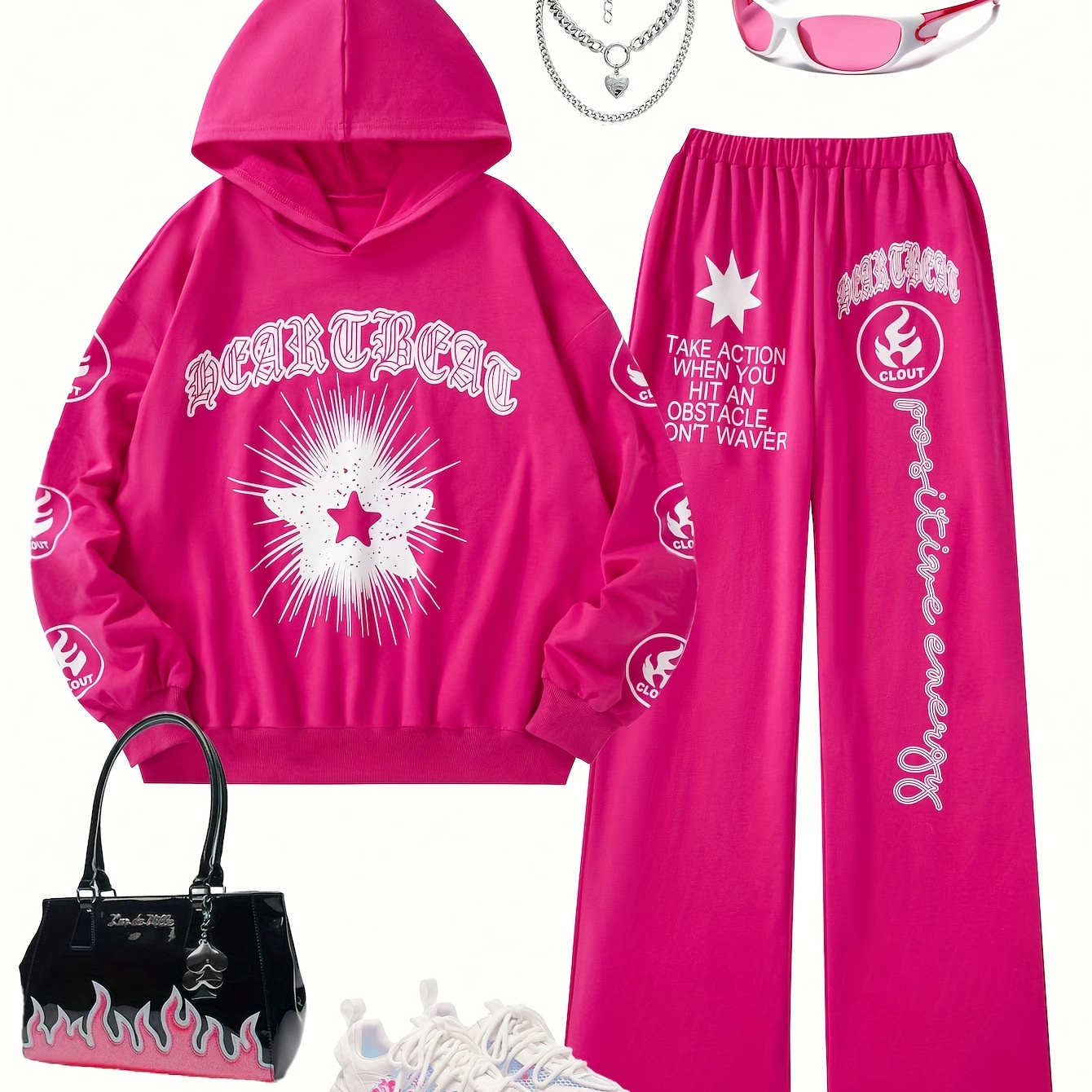 

Fall Flex, Girls' Casual Punk Hoodie & Jogger Set - Letter Print, Long Sleeve, Polyester - Machine Washable, Outdoor