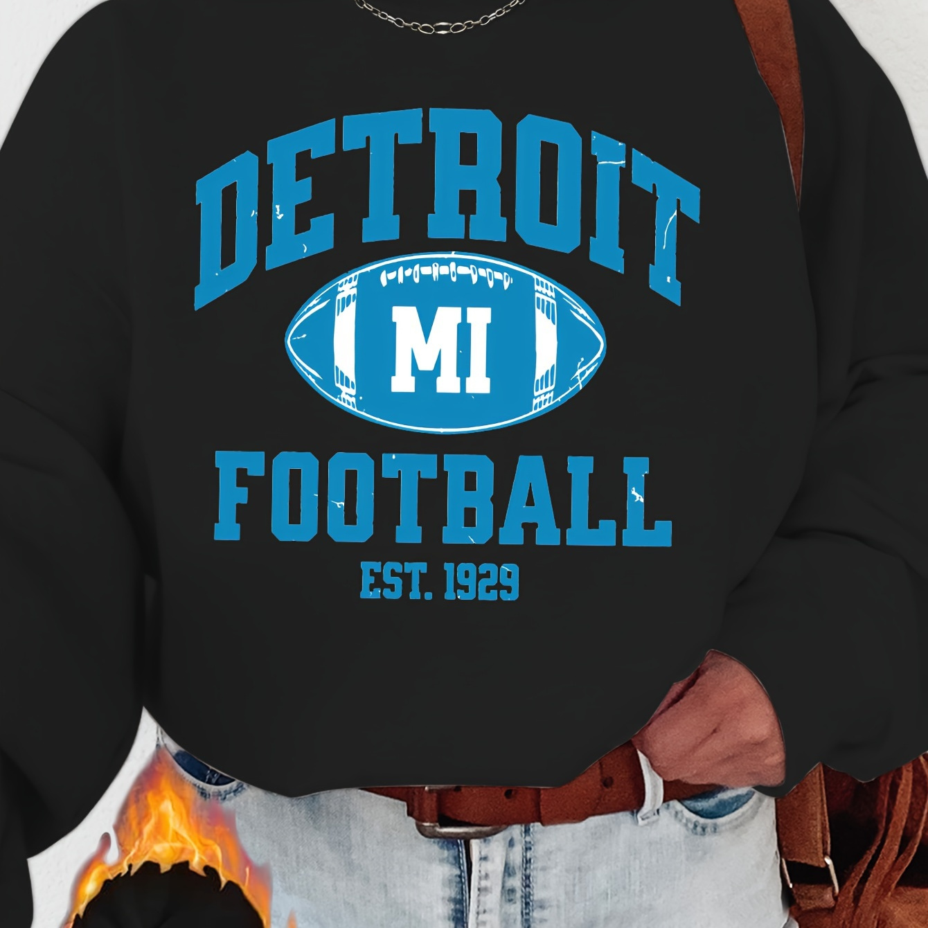 

Mi Football Applique Crew Neck Sweatshirt For Women - Casual Polyester Knit Fabric With Alphabet Print, Cozy Fleece Lined Pullover For Fall/winter