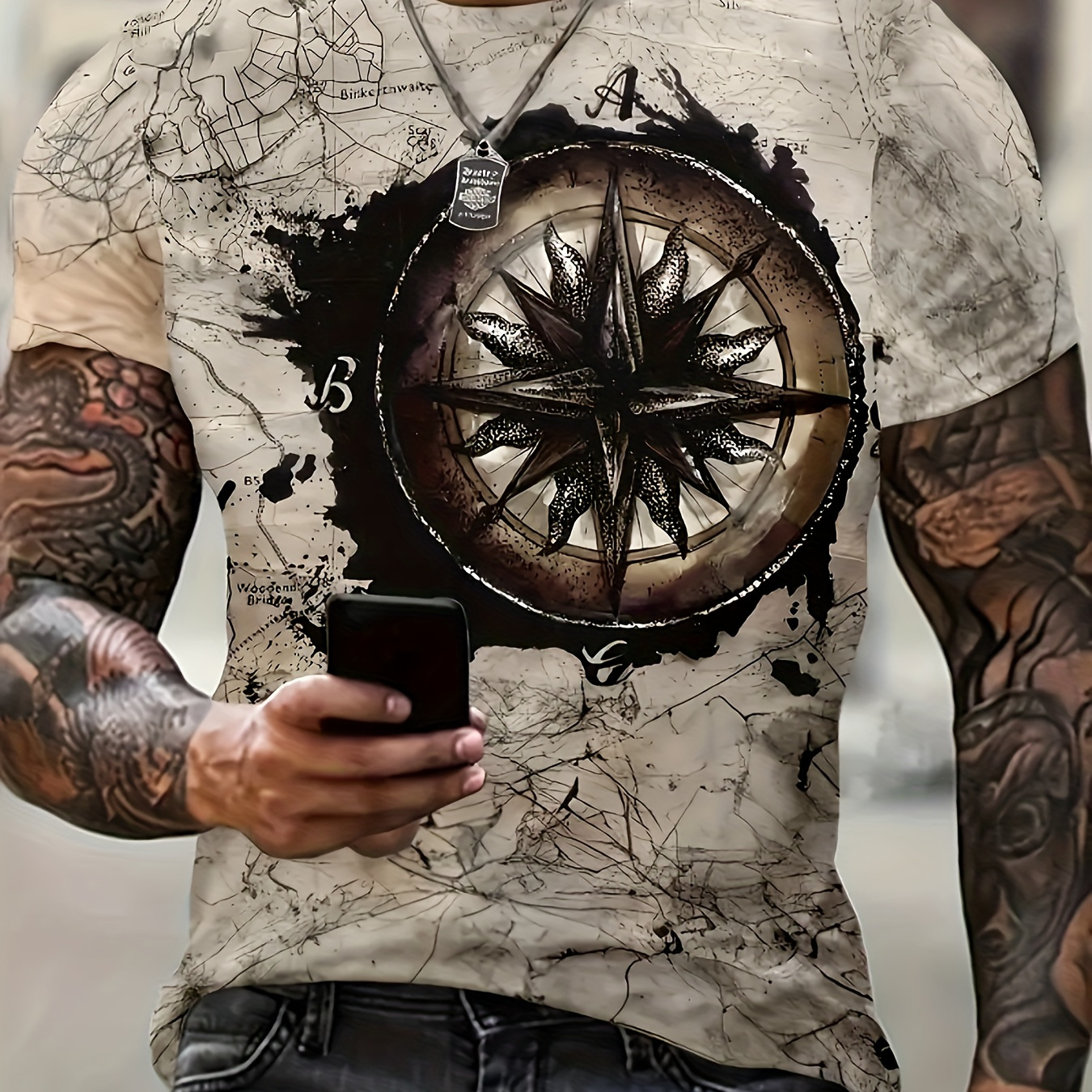 

Retro Nautical Compass Graphic Print Men's Crew Neck Short Sleeve Plus Size T-shirt, Trendy Versatile Tee For Daily Wear