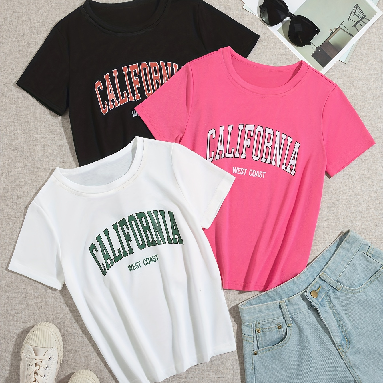 

3pcs, Casual California Print Crew Neck Short Sleeve T-shirt Set For Girls Summer Outdoor Gift