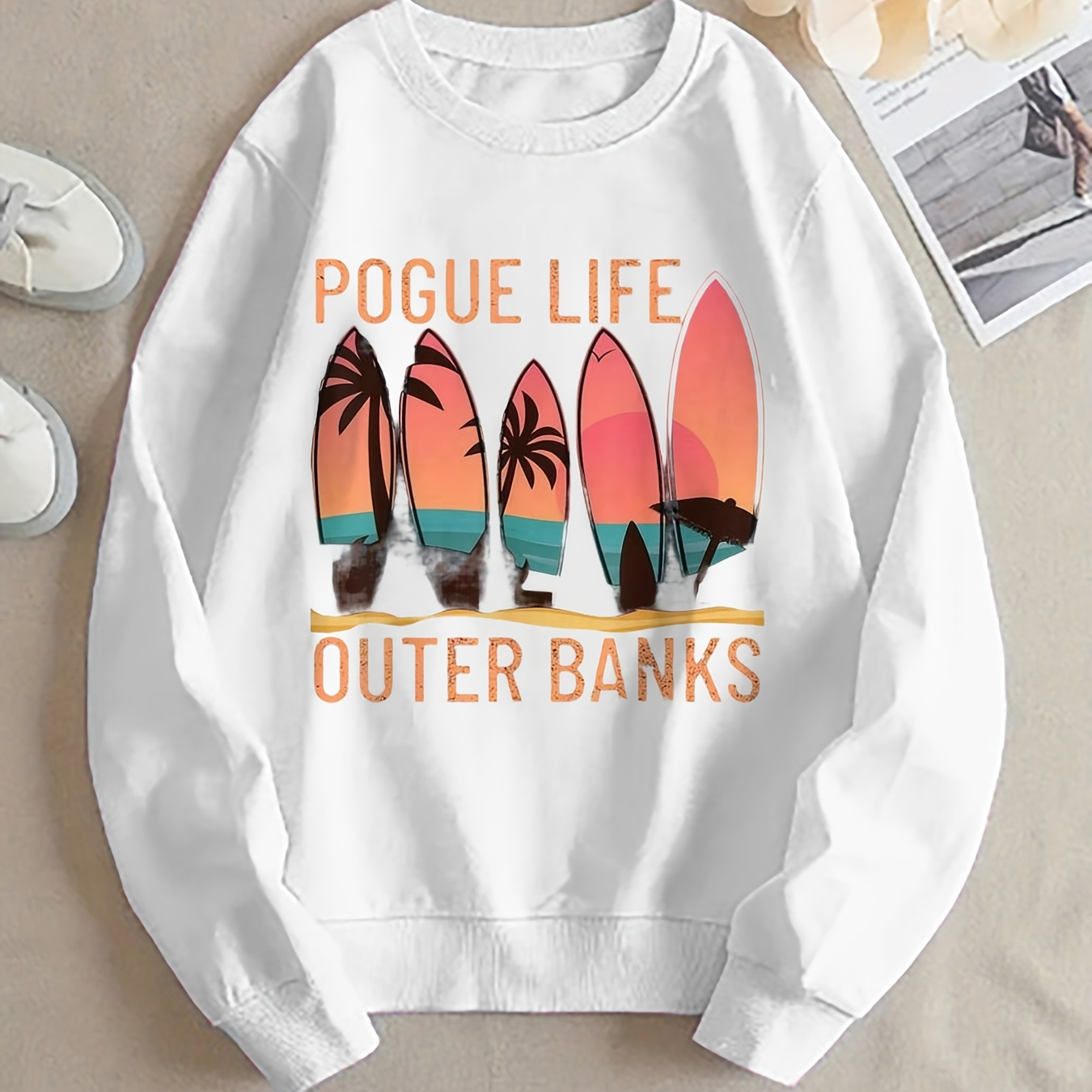 Women'S Casual Crew Neck Sweatshirt - "POGUE LIFE OUTER BANKS" Graphic, Black with Colorful Palm Tree Design, Long Sleeve, All-Season Comfort, Perfect for Travel & Beach Lovers, Beach Lover Apparel | Travelthemed Apparel | Comfortable Fit