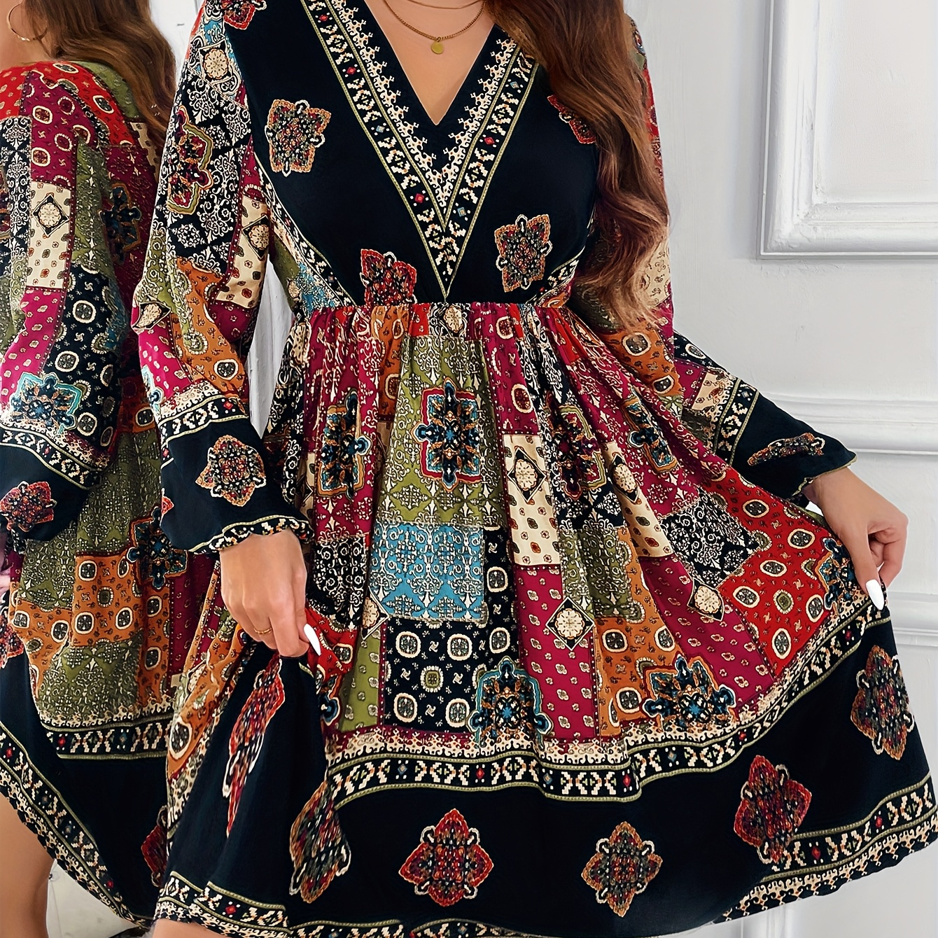 

Plus Size Bohemian Patchwork Geometric Pattern V-neck Lantern Sleeve Dress, Elegant Rayon , Fit And Flare, Non-stretch Woven Fabric, For