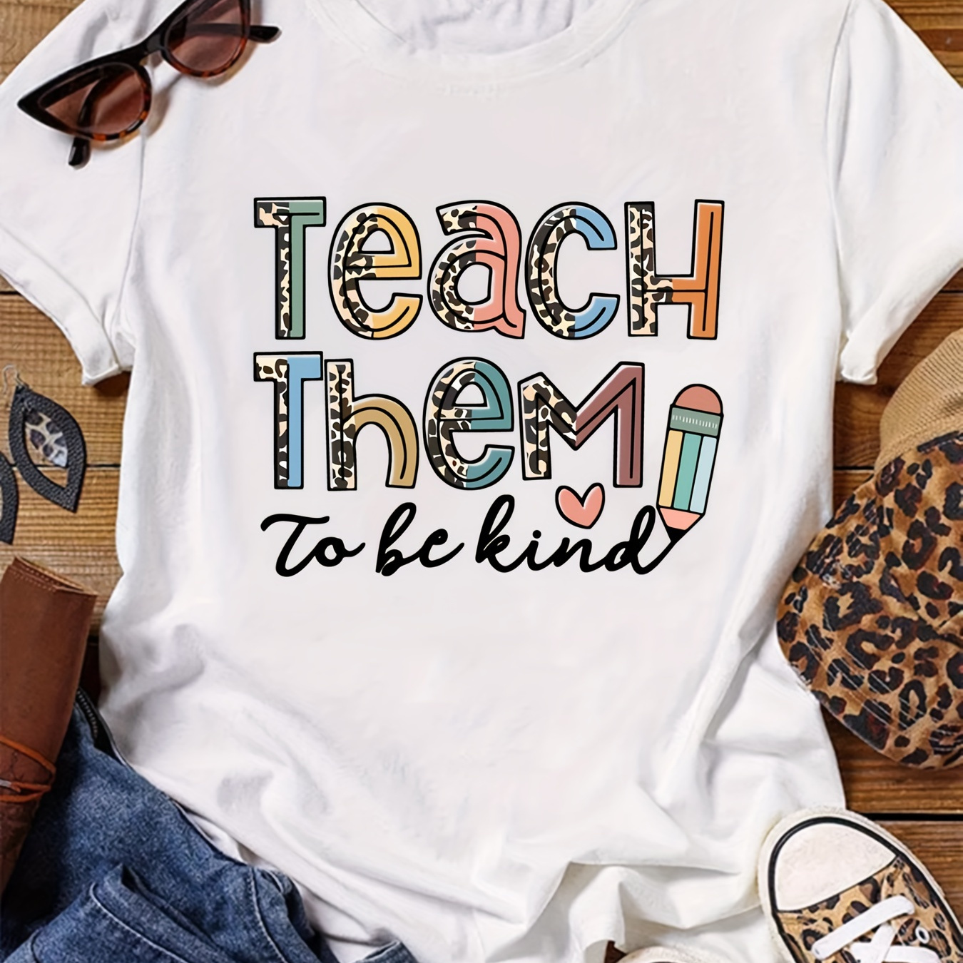 

Women's Plus Size Pencil & Letter Print T-shirt - Casual Crew Neck, Short Sleeve, Machine Washable