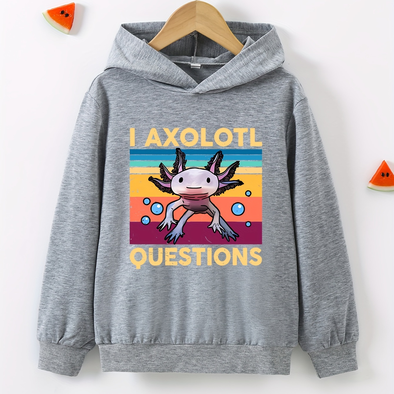 

Boys' Casual Hooded Sweatshirt With Axolotl Print, Polyester (95% Polyester, 5% Spandex), Knit Fabric, Long Sleeve, Loose Fit, For And Under, Spring/fall Hoodie