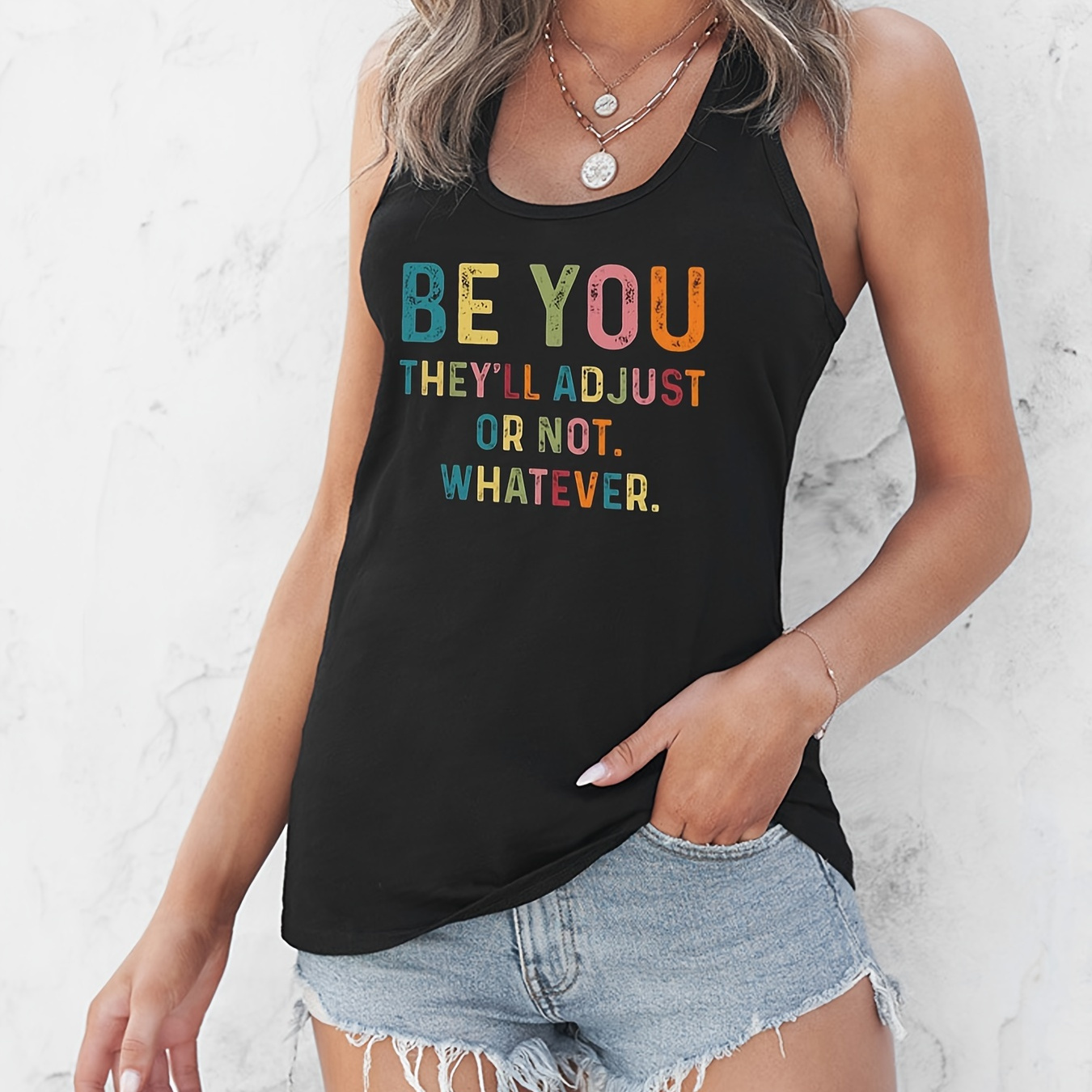 

Women's Casual Racerback Top With Inspirational Letter Print, Sleeveless, Breathable, Relaxed Shirt