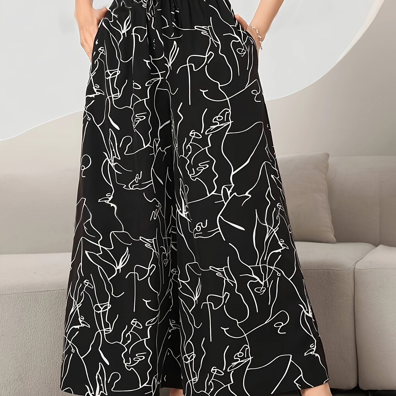 

Women's High Waist Abstract Face Print Wide Leg Pants With Pockets, Casual Polyester-spandex Blend, Spring/fall Season, Geometric Pattern, Woven - Adult Size