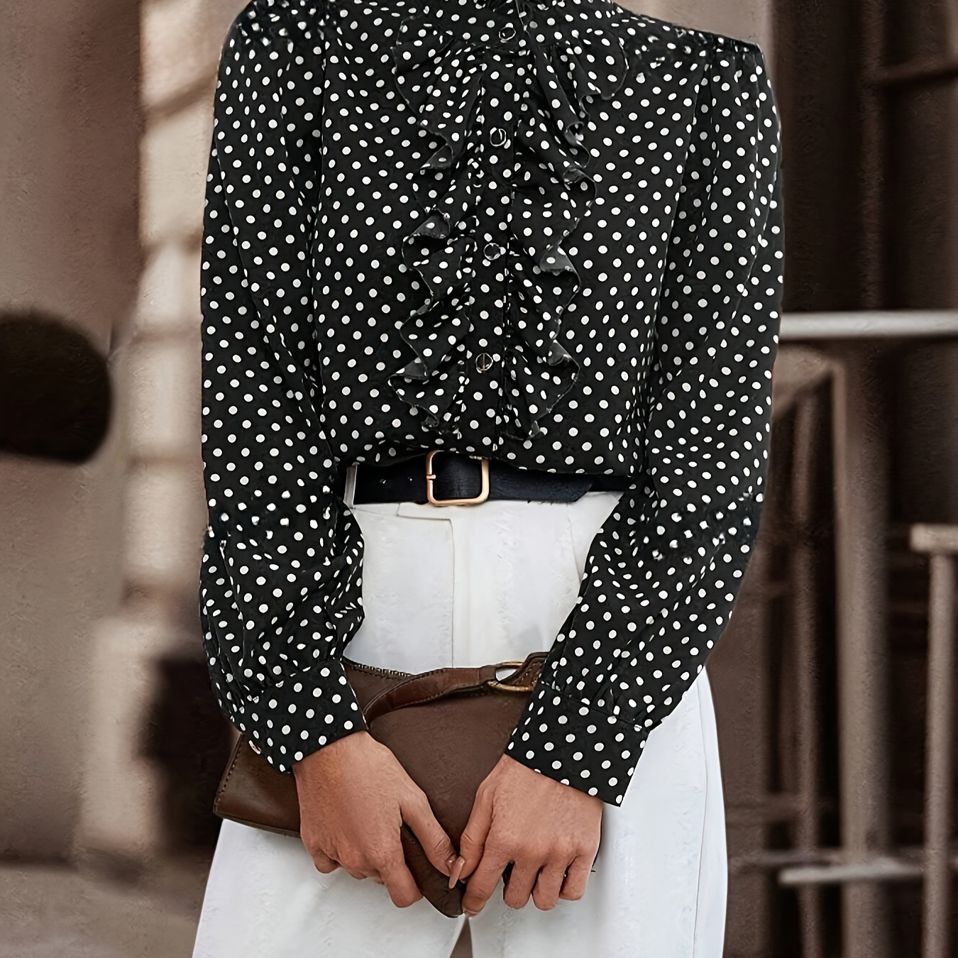 

Polka-dot Print Button Front Blouse, Elegant Ruffle Trim Long Sleeve Blouse For Spring & Fall, Women's Clothing