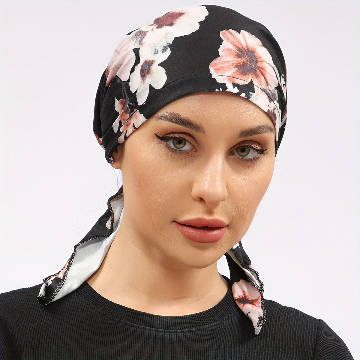 

Flower Print Black Head Scarf Turban Cap Casual Outdoor Headwrap Women Bandana Chemo Hats