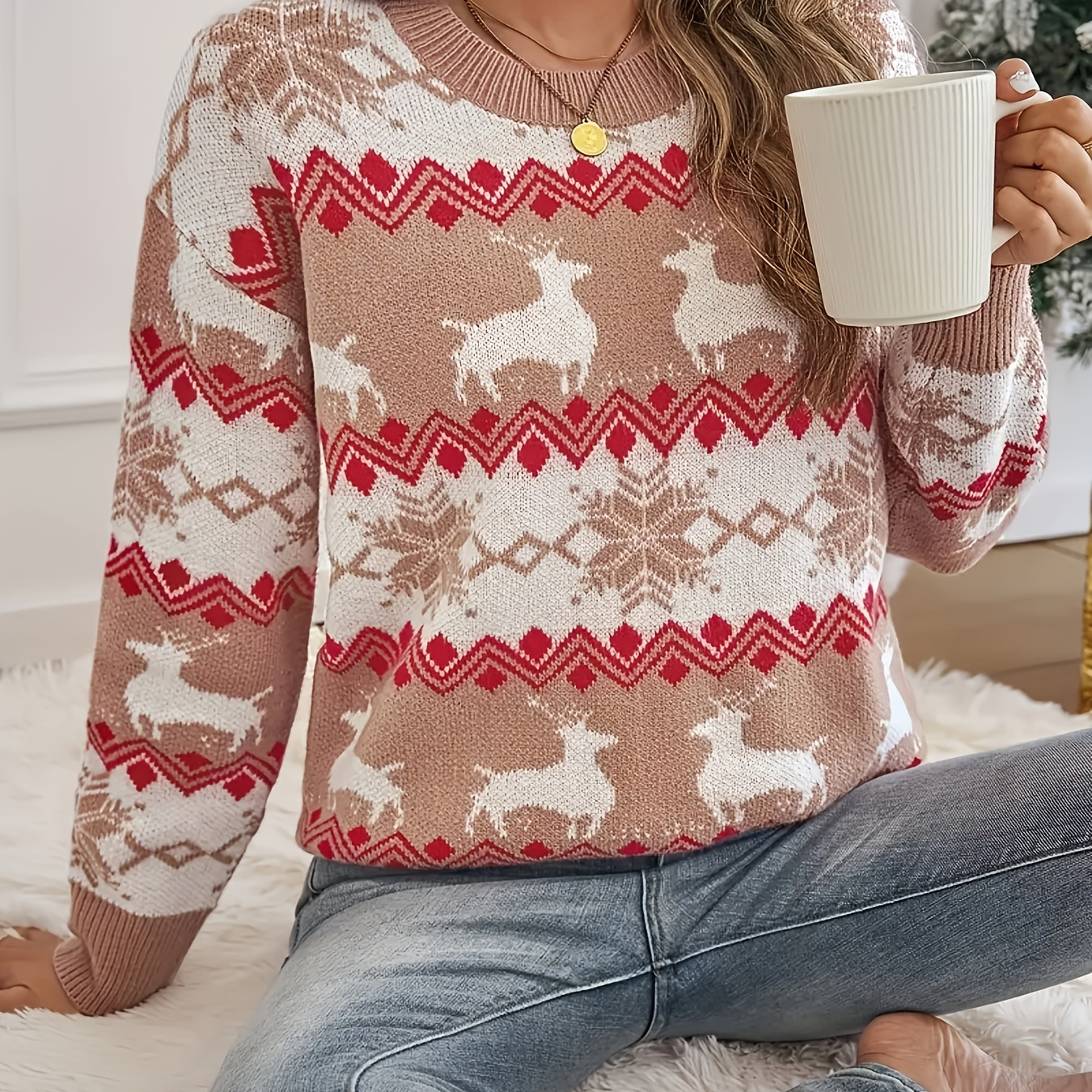

Christmas Sweater - Soft Round Neck Long Sleeved Pullover, Loose Fit, Comfortable Fabric - Women's Casual Wear,