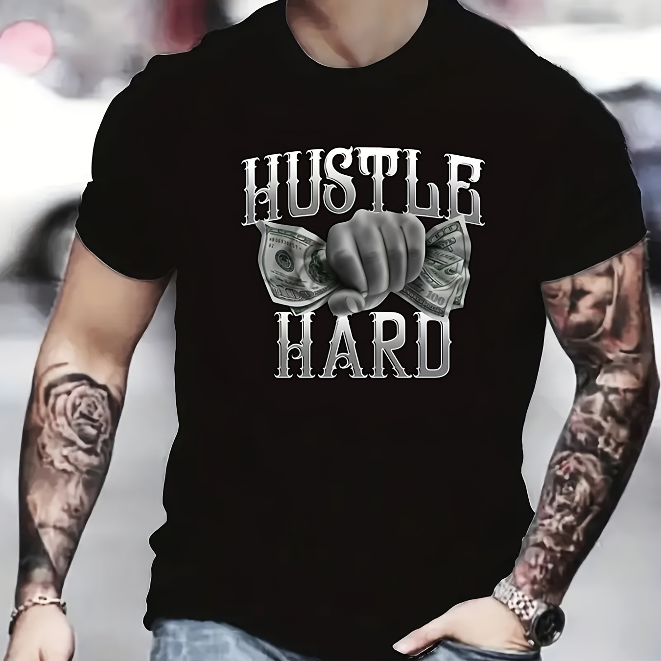 

hustle Hard" Pattern Print Men's Comfy T-shirt, Graphic Tee Men's Summer Outdoor Clothes, Men's Clothing, Tops For Men