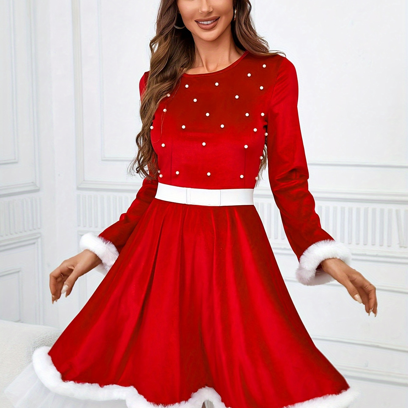 

Women's Costume With Beaded Detail, Long Sleeves & Belt - Elegant Holiday Party And Santa Claus Performance Outfit, Attire | Sparkling Dress | Polyester Costume, Christmas Outfits