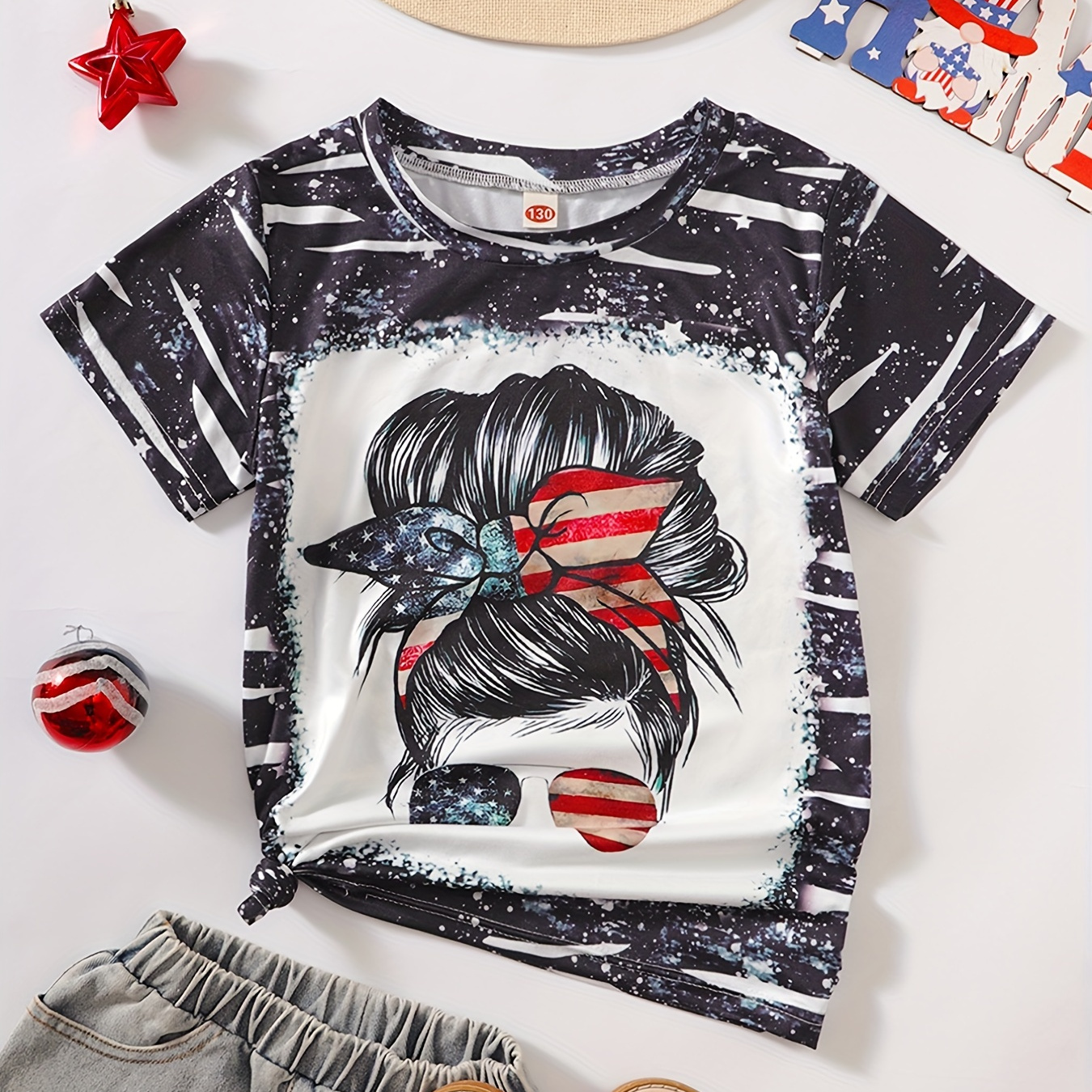

Girls Casual Cute Cartoon Flag Girl Graphic Short Sleeve T-shirt For Summer Holiday Party