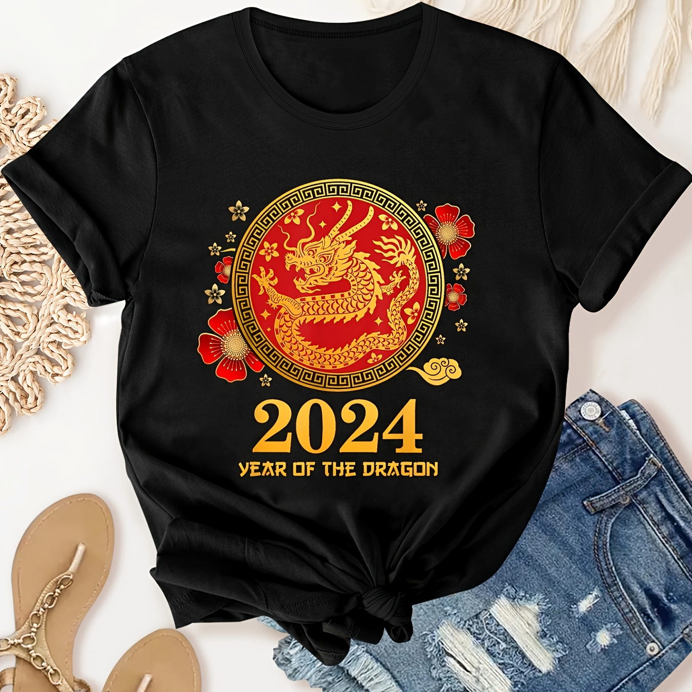 

2024 Chinese New Year Dragon Pattern Crew Neck T-shirt, Casual Short Sleeve T-shirt For Spring & Summer, Women's Clothing