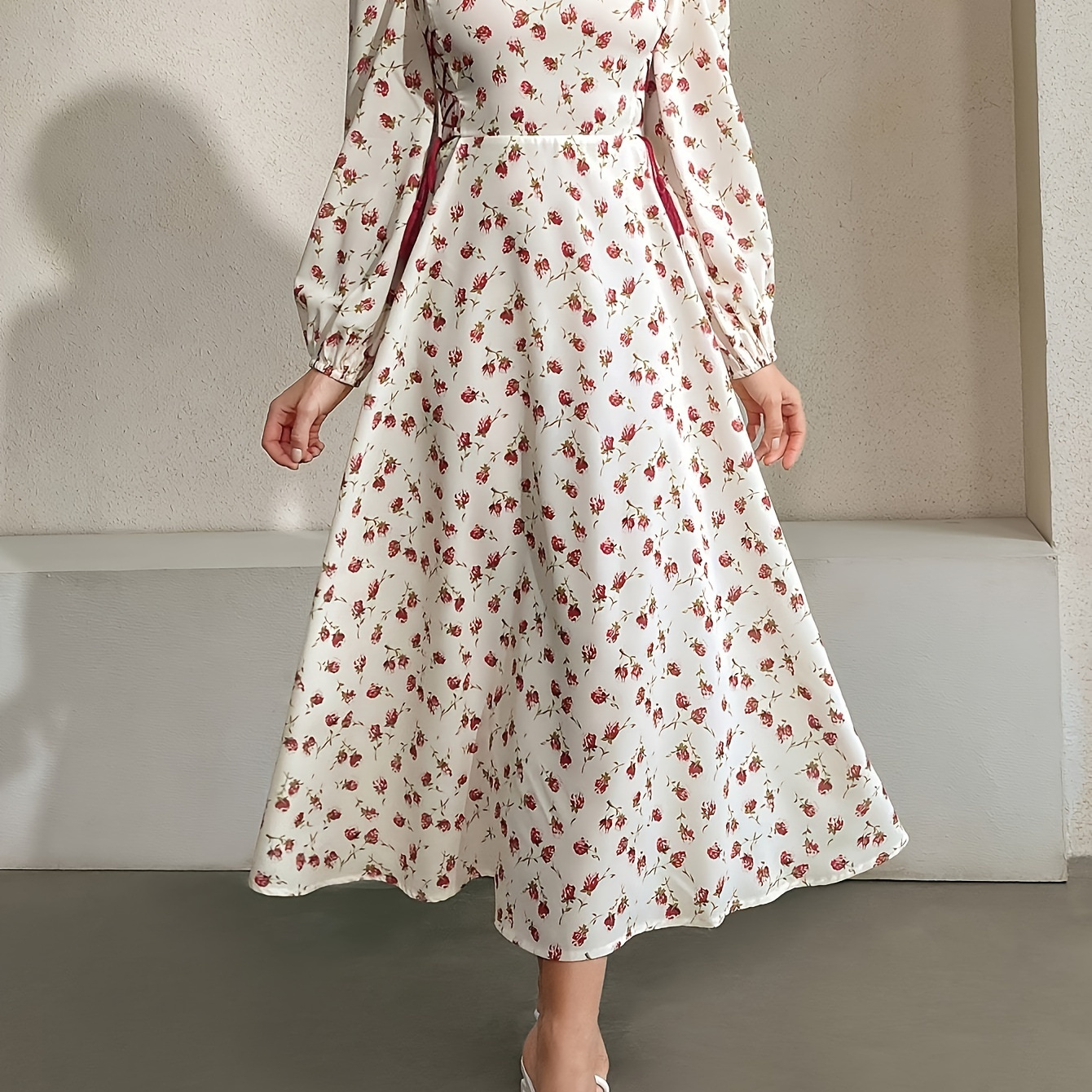 

Floral Print Crew Neck Dress, Elegant A-line Long Sleeve Dress For Spring & Fall, Women's Clothing