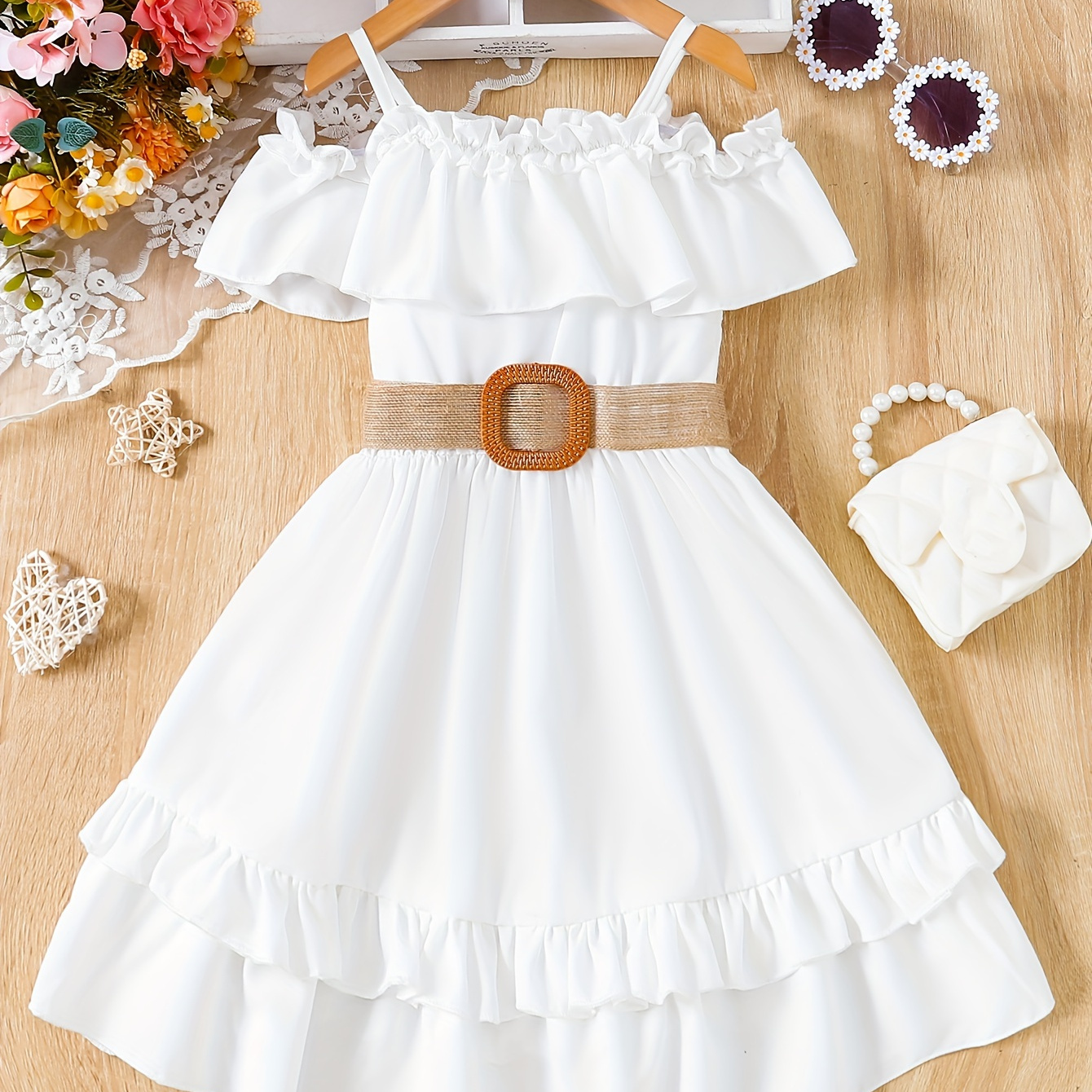 

Elegant Girls Solid Ruffle Trim Belted Dress For Summer Party Gift Holiday