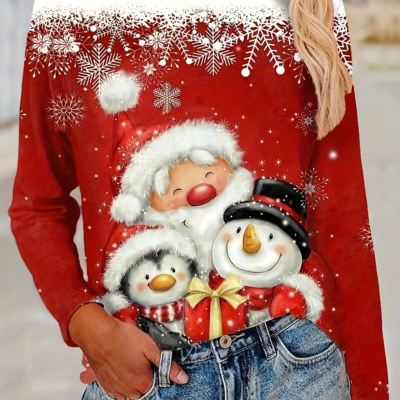 Christmas Cartoon Character Print Sweatshirt, Casual Long Sleeve Crew Neck Sweatshirt For Fall & Winter, Women's Clothing