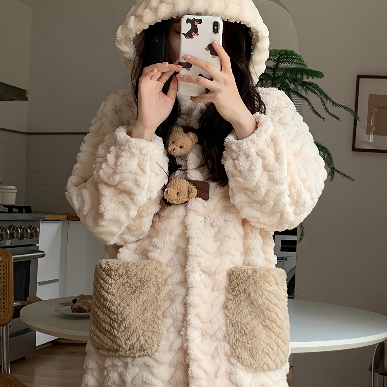 

1pc Winter Women's Hooded Long Plush Robe With Teddy Bear Detail, Cute Solid Color Long Sleeve Cozy Loungewear With Pockets, Knitted Gown For Teens