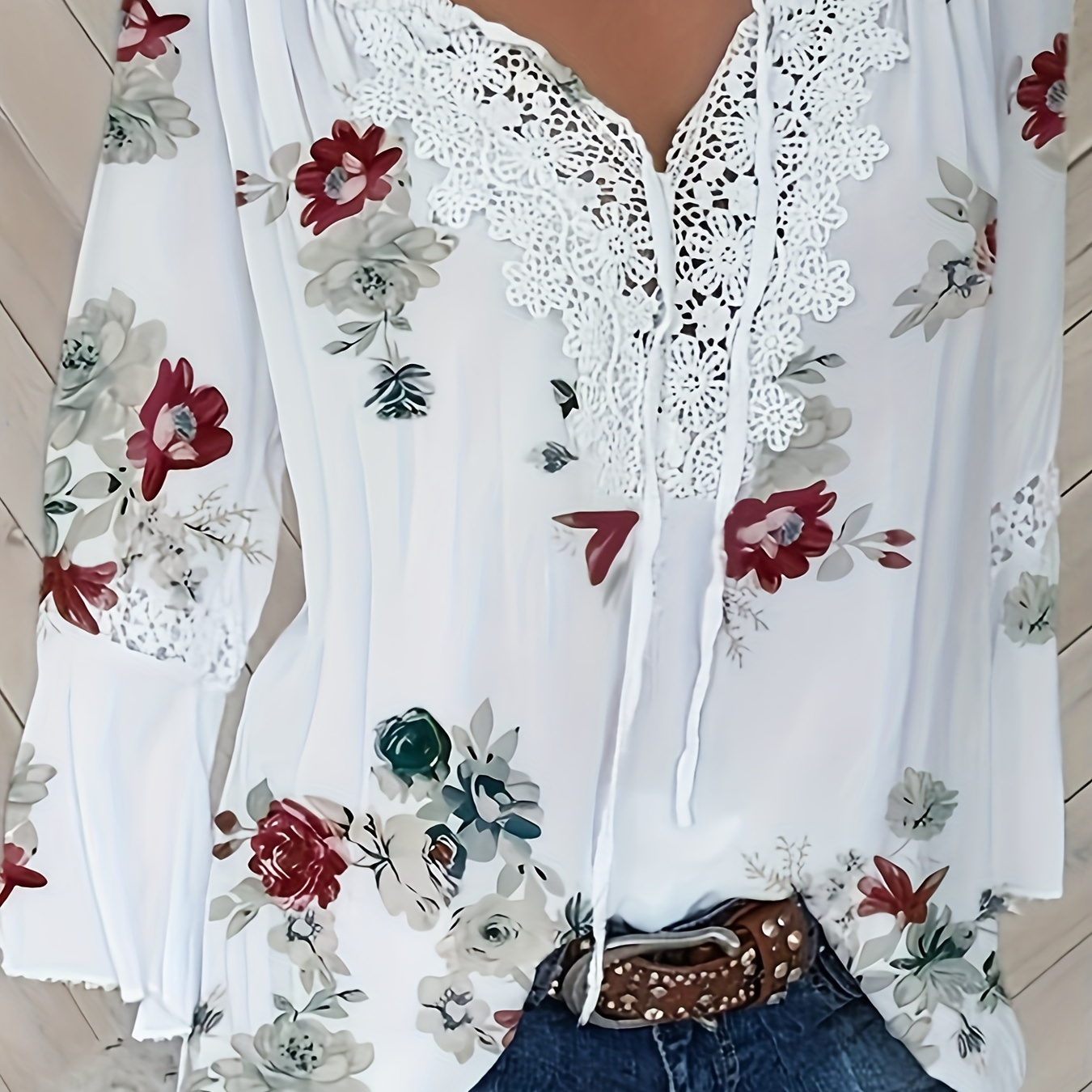 

Plus Size Floral Print Blouse, Casual Lace Stitching Lace Up Long Sleeve Blouse For Summer, Women's Plus Size Clothing