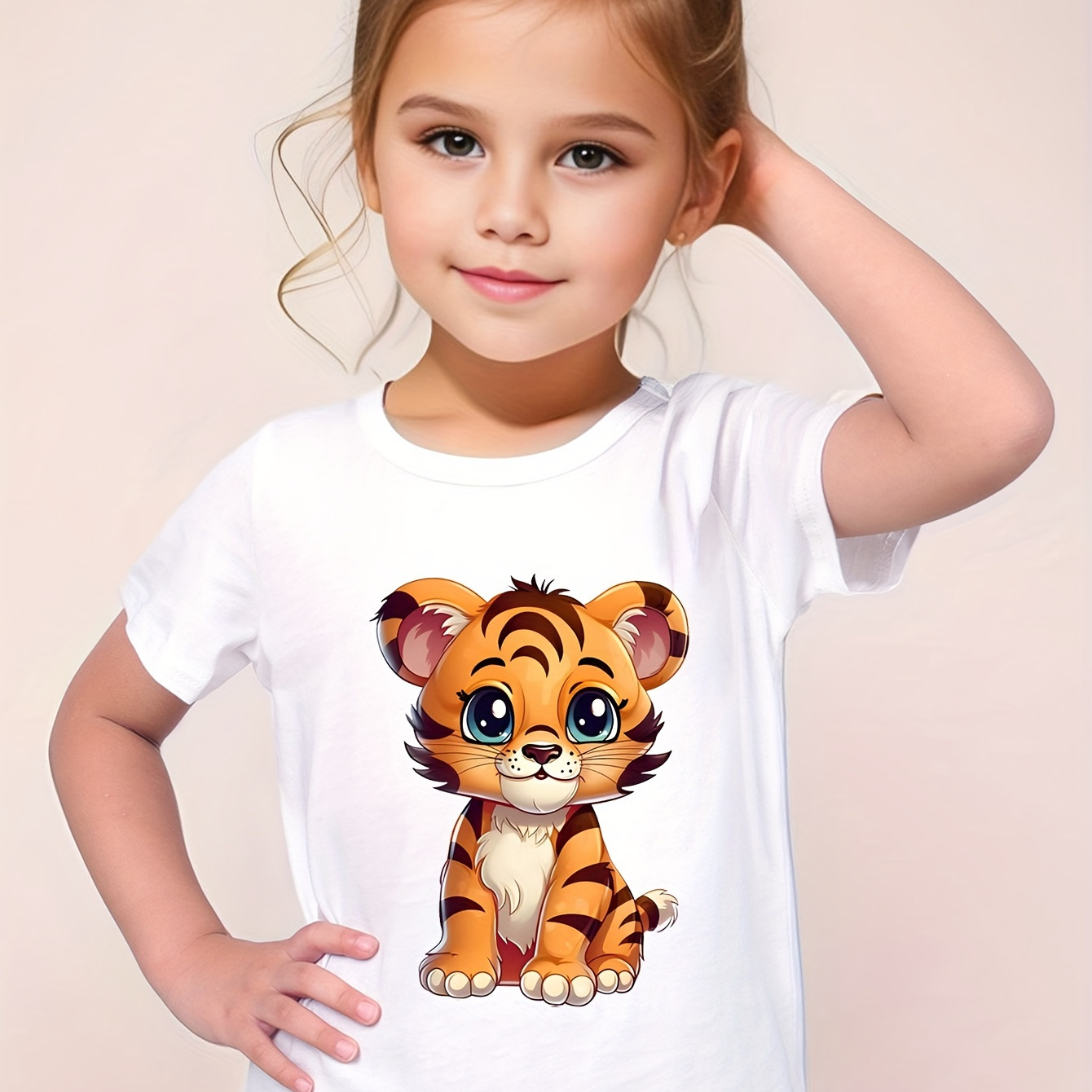 

100% Cotton Girls Cute Baby Tiger Crew Neck Short Sleeve T-shirt For Summer Christmas Gift