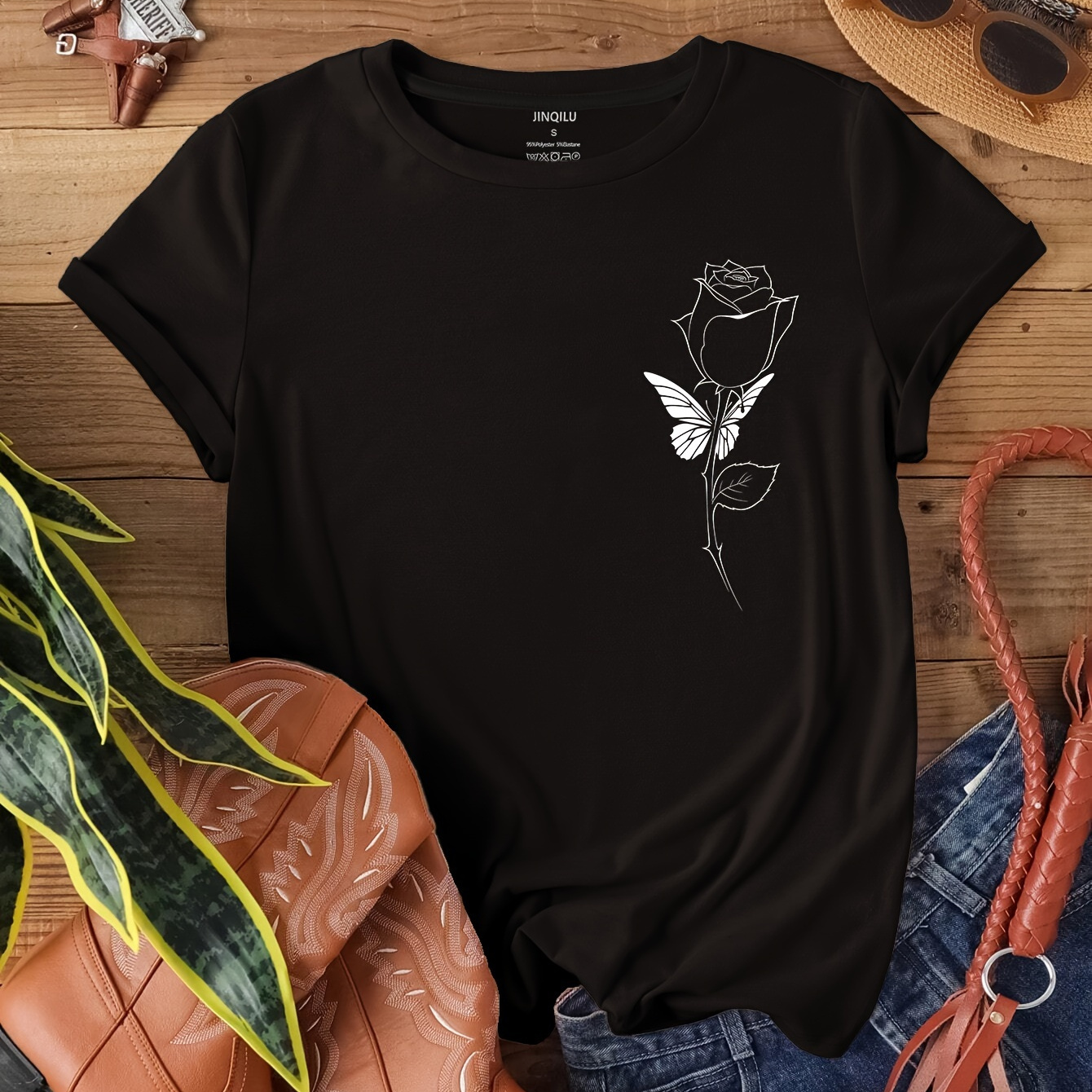 

Rose Neck T-shirt, Casual Short Sleeve Top For , Women's Clothing