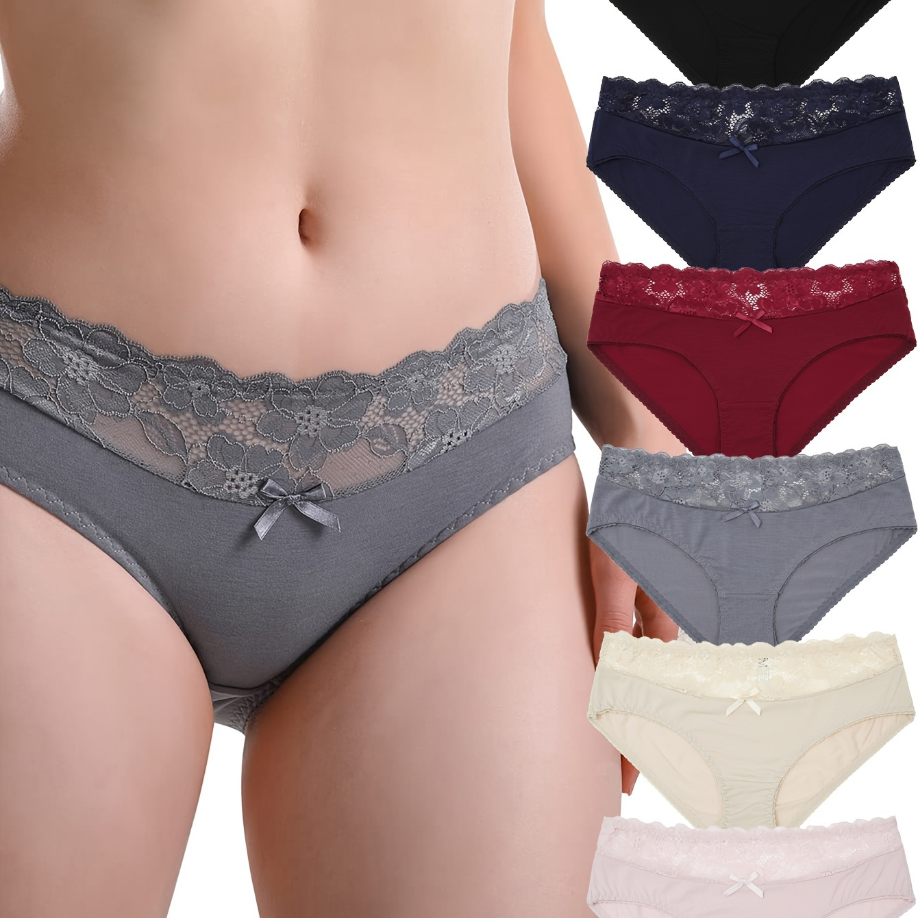 

6pcs Solid Contrast Lace Bow Briefs, Comfy Breathable Stretchy Intimates Panties, Women's Lingerie & Underwear