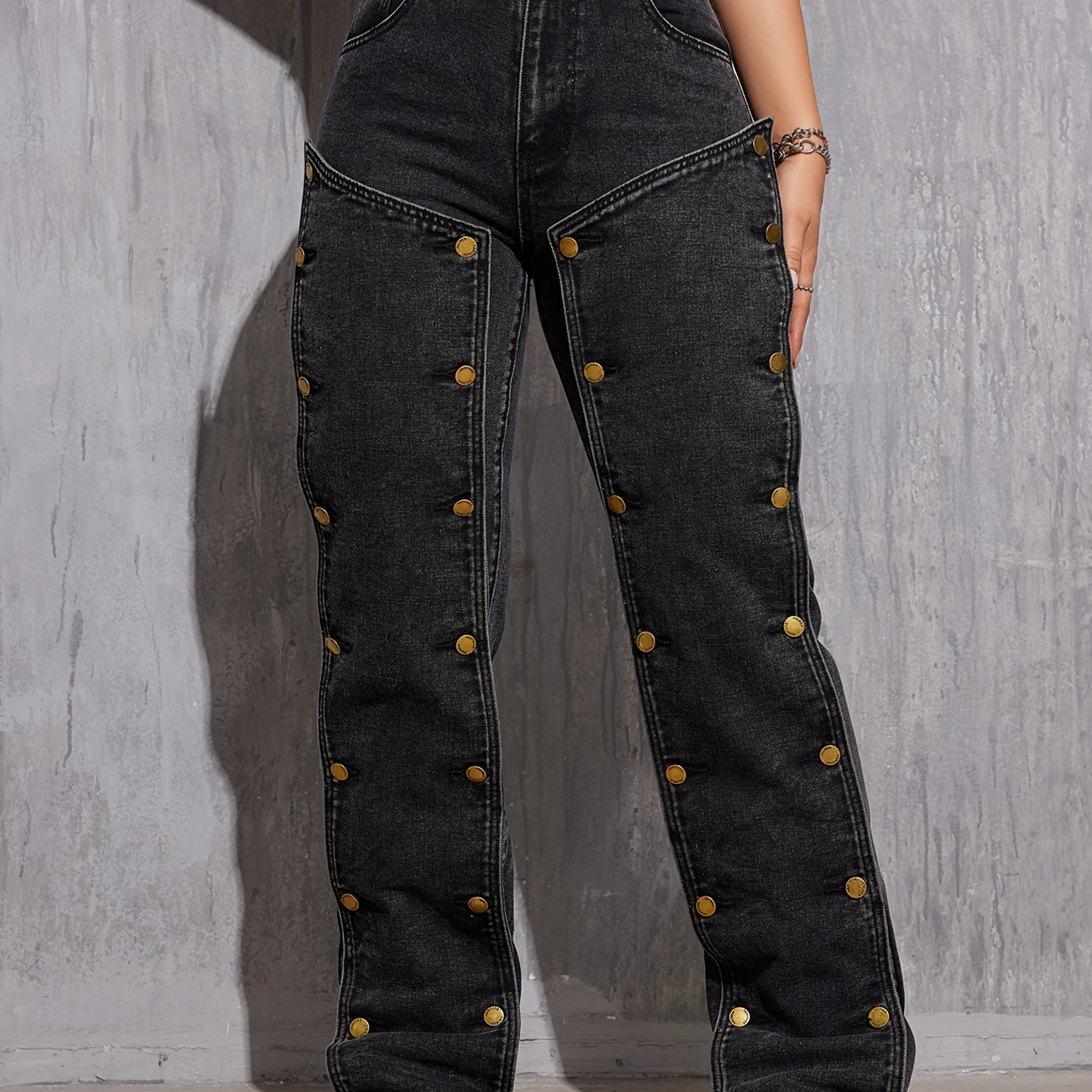 

Women's Street Style High-waisted Jeans, Non-stretch Denim, Hip Hop Removable Multi-button Detail, Straight Leg Cargo Denim Pants, Autumn
