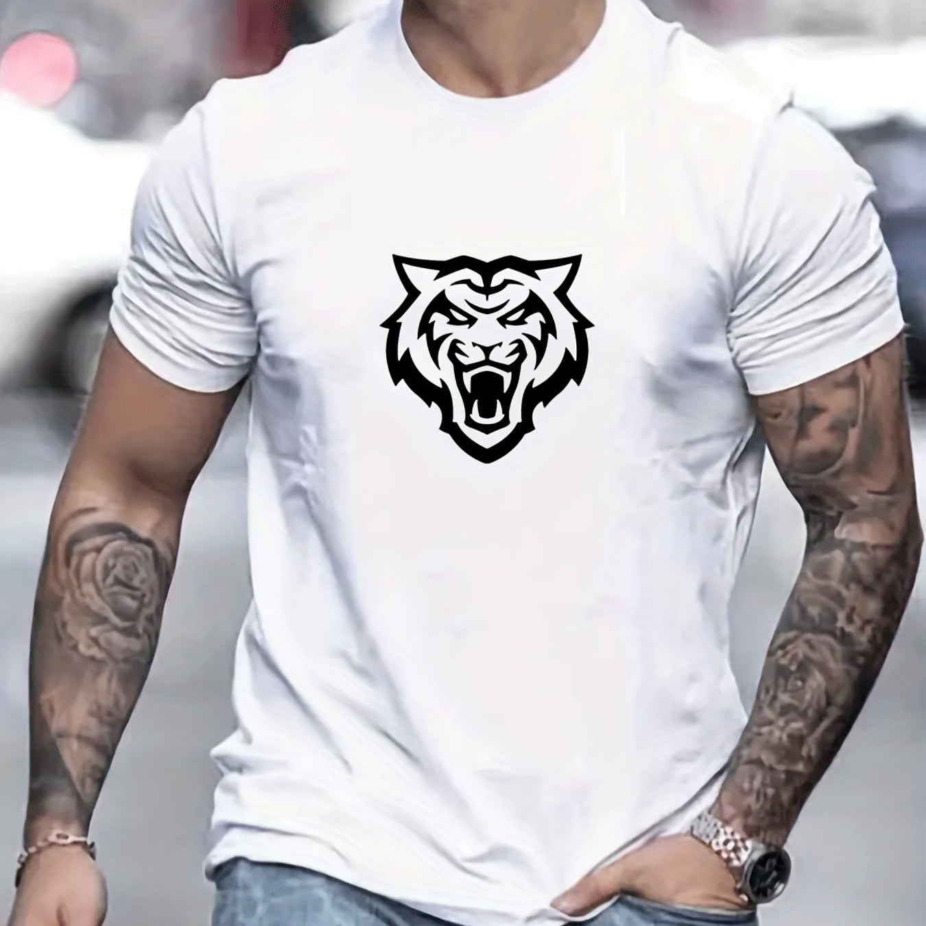 

Tiger Pattern T-shirt, Men's Casual Street Style Stretch Round Neck Tee Shirt For Summer