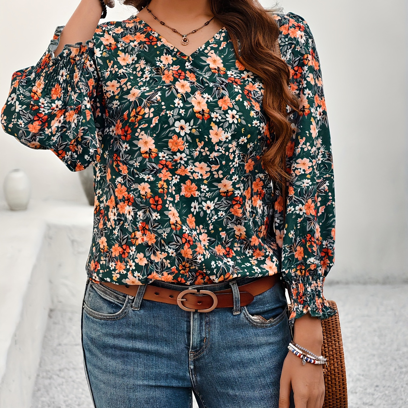 

Floral Print V Neck Blouse, Elegant Short Sleeve Blouse For , Women's Clothing