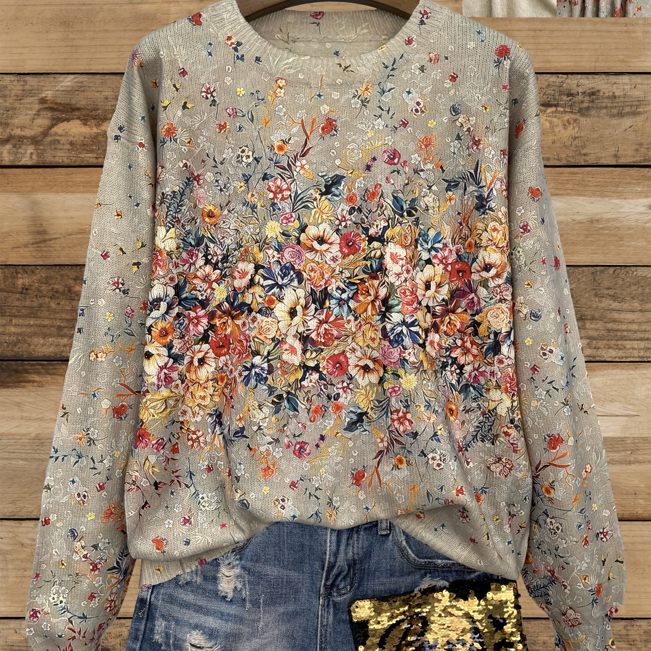 

Pull à col rond à motif floral, pull léger à manches longues pour et , vêtements pour femmes